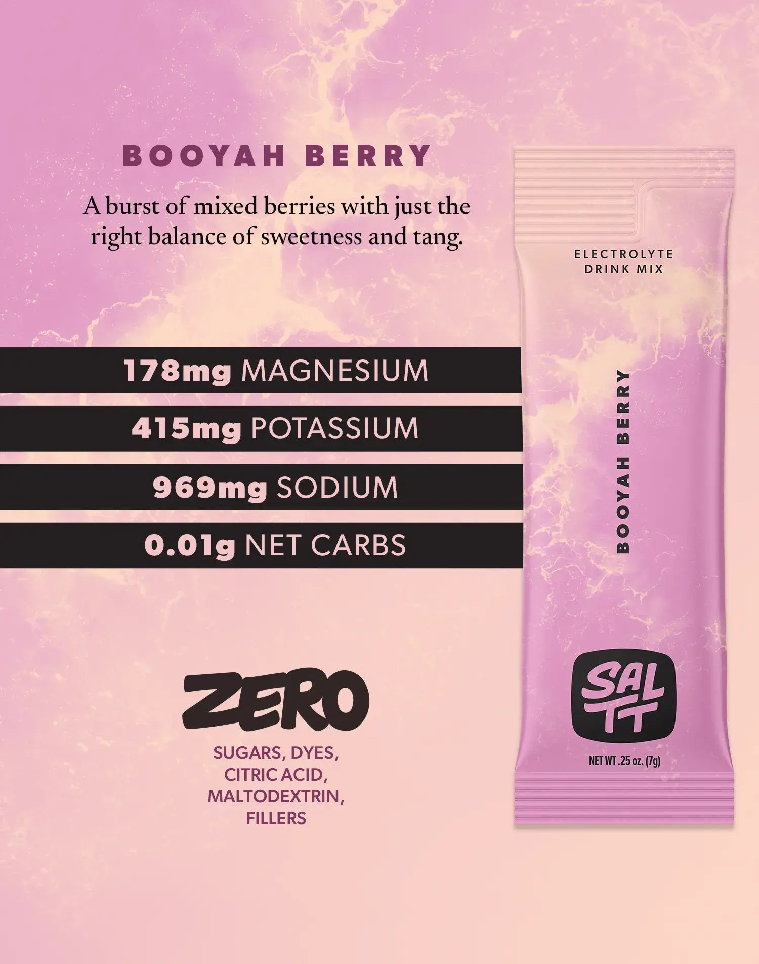 Nutrition for Booyah Berry flavor. Booyah Berry has 178mg Magnesium, 415mg Potassium, 969mg Sodium, 0.01g net carbs. Zero sugars, dyes, citric acid, maltodextrin, or fillers. See nutrition dropdown for complete supplement facts.