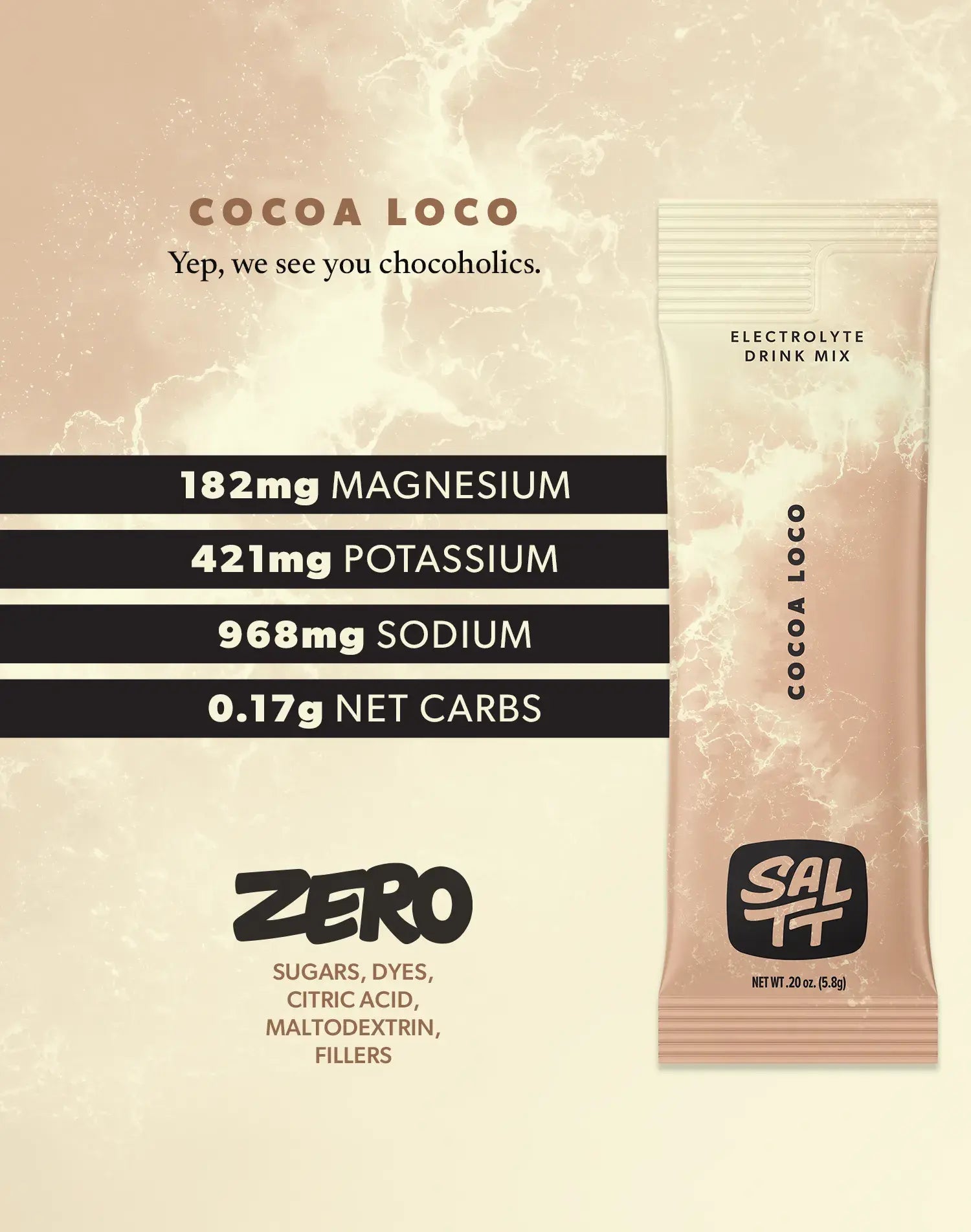 Nutrition for Cocoa Loco flavor. Cocoa Loco has 182mg Magnesium, 421mg Potassium, 968mg Sodium, 0.17g net carbs. Zero sugars, dyes, citric acid, maltodextrin, or fillers. See nutrition dropdown for complete supplement facts.