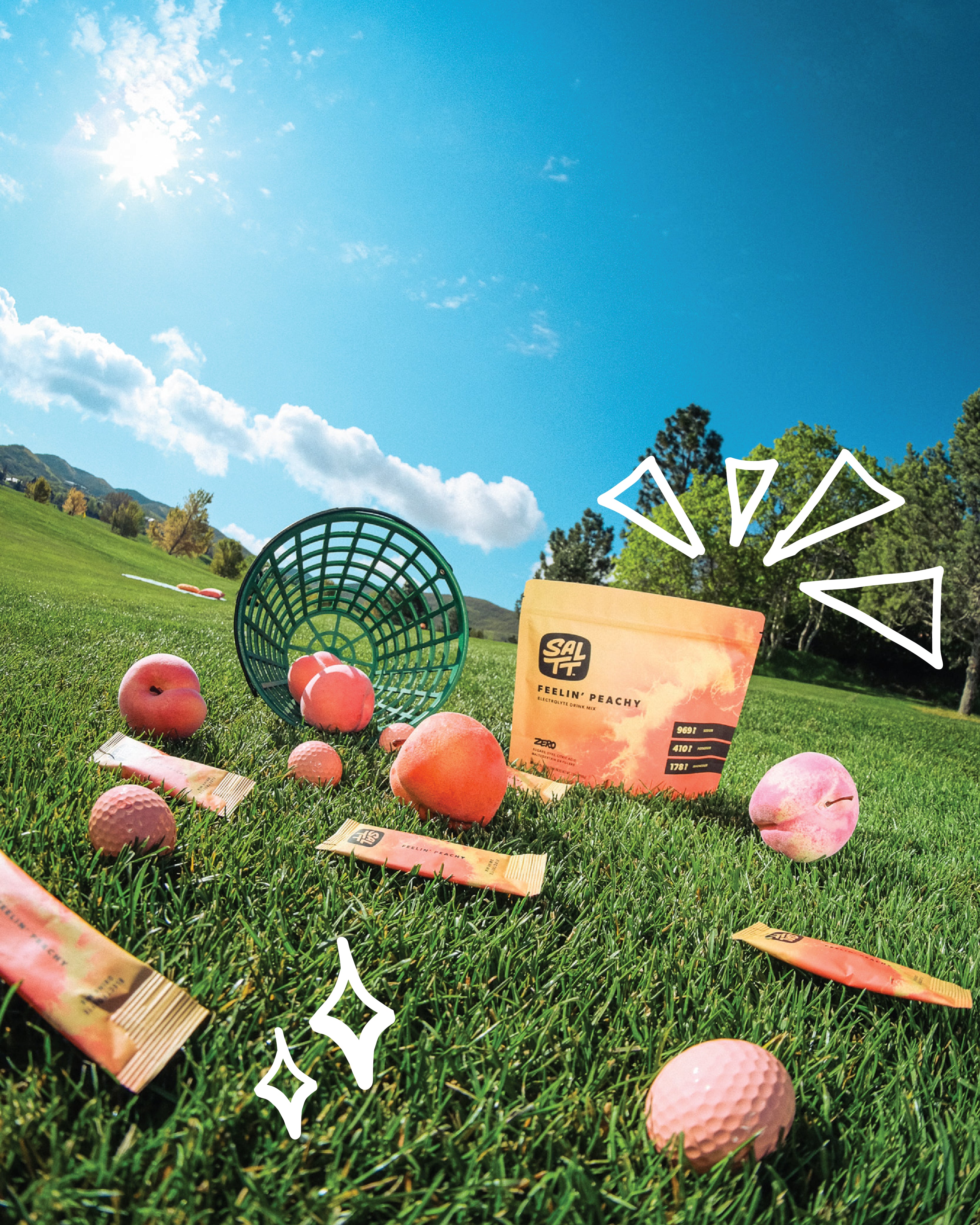 SALTT Feelin' Peachy Electrolyte Drink Mix: orange-toned pouch and stick packs with an ocean splash pattern. Product has electrolytes but zero added sugars, dyes, citric acid, maltodextrin, or fillers.