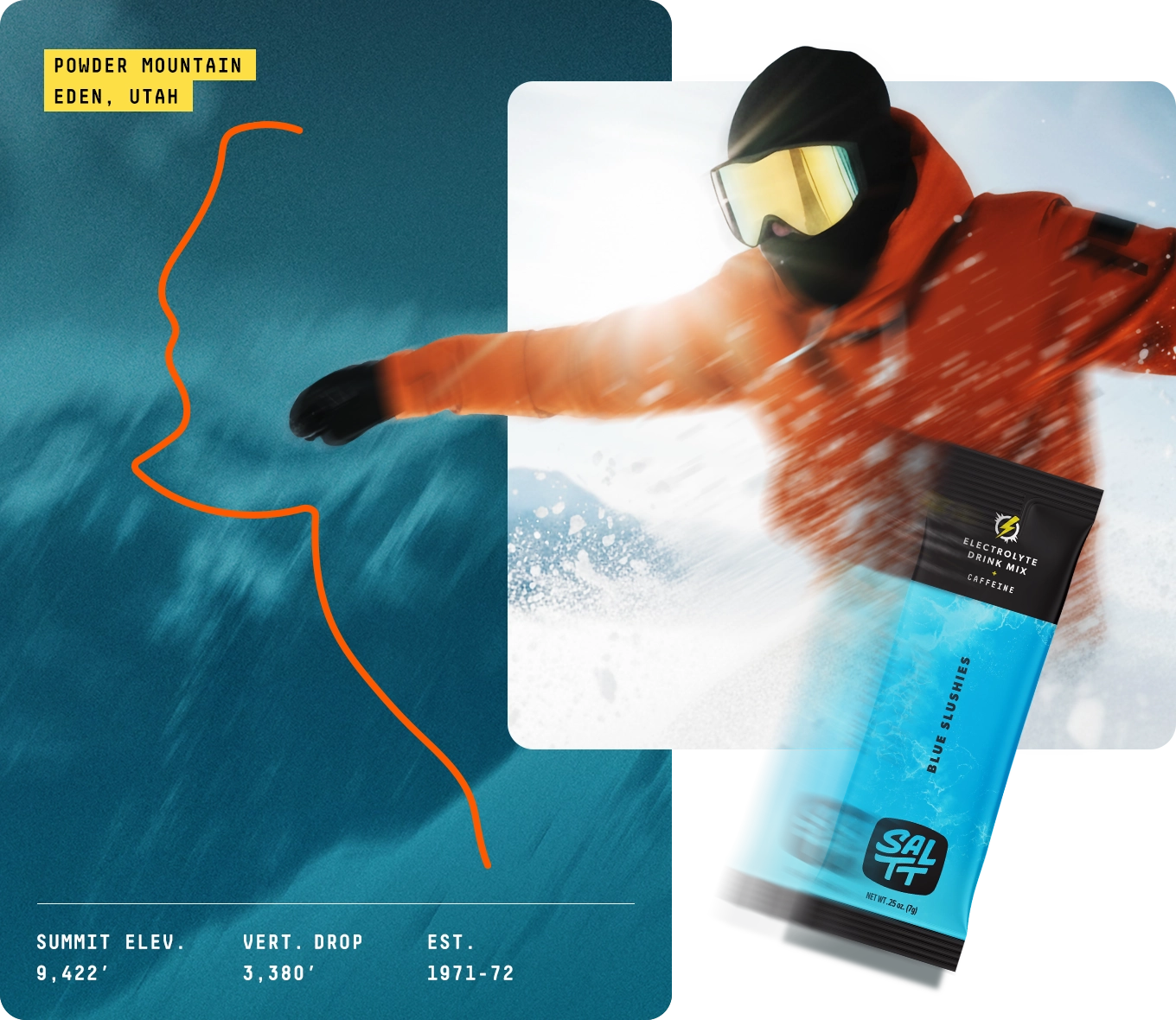 A SALTT Blue Slushies Electrolyte Drink Mix + Caffeine single-serve stick pack. It is blue with a water splash pattern and black accents.