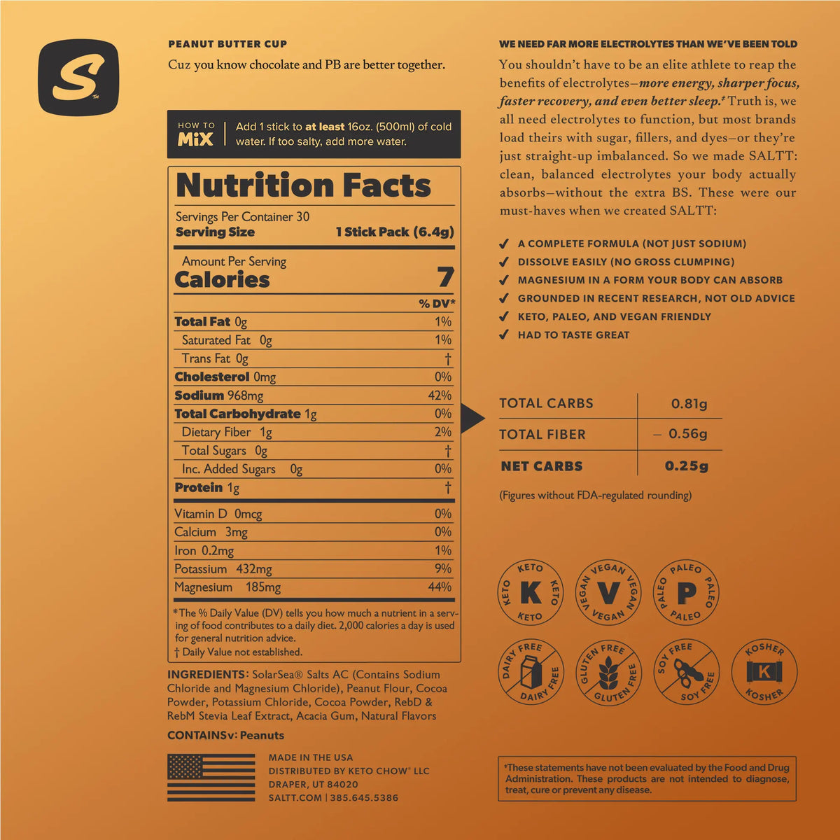 Back panel of a golden-brown SALTT Peanut Butter Cup electrolyte drink mix box showing nutrition facts and ingredients.