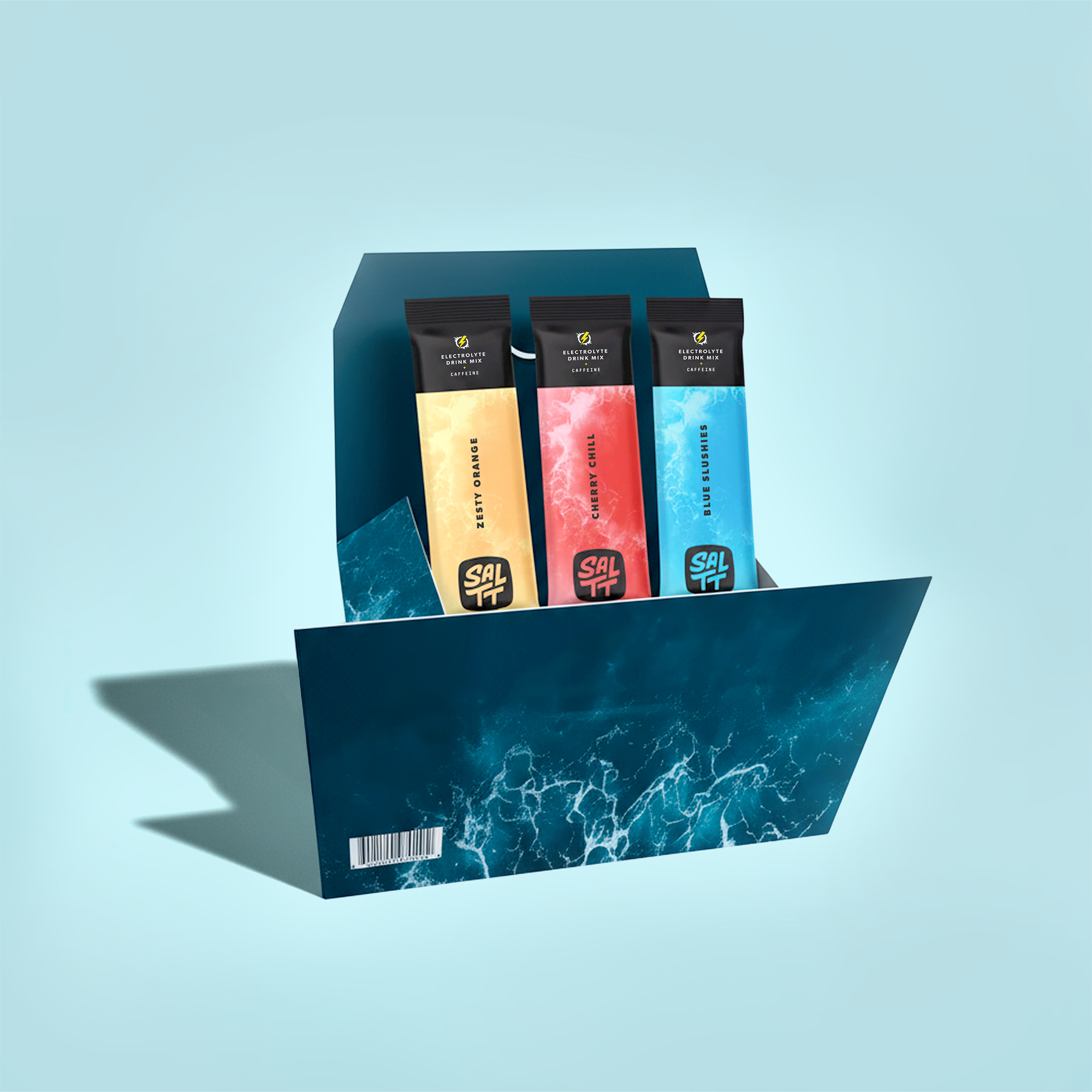 Three SALTT Electrolyte Drink Mix with Caffeine pouches: Zesty Orange, Cherry Chill, Blue Slushies. Zero sugars, dyes, citric acid. In a dark blue ocean splash pattern display box.