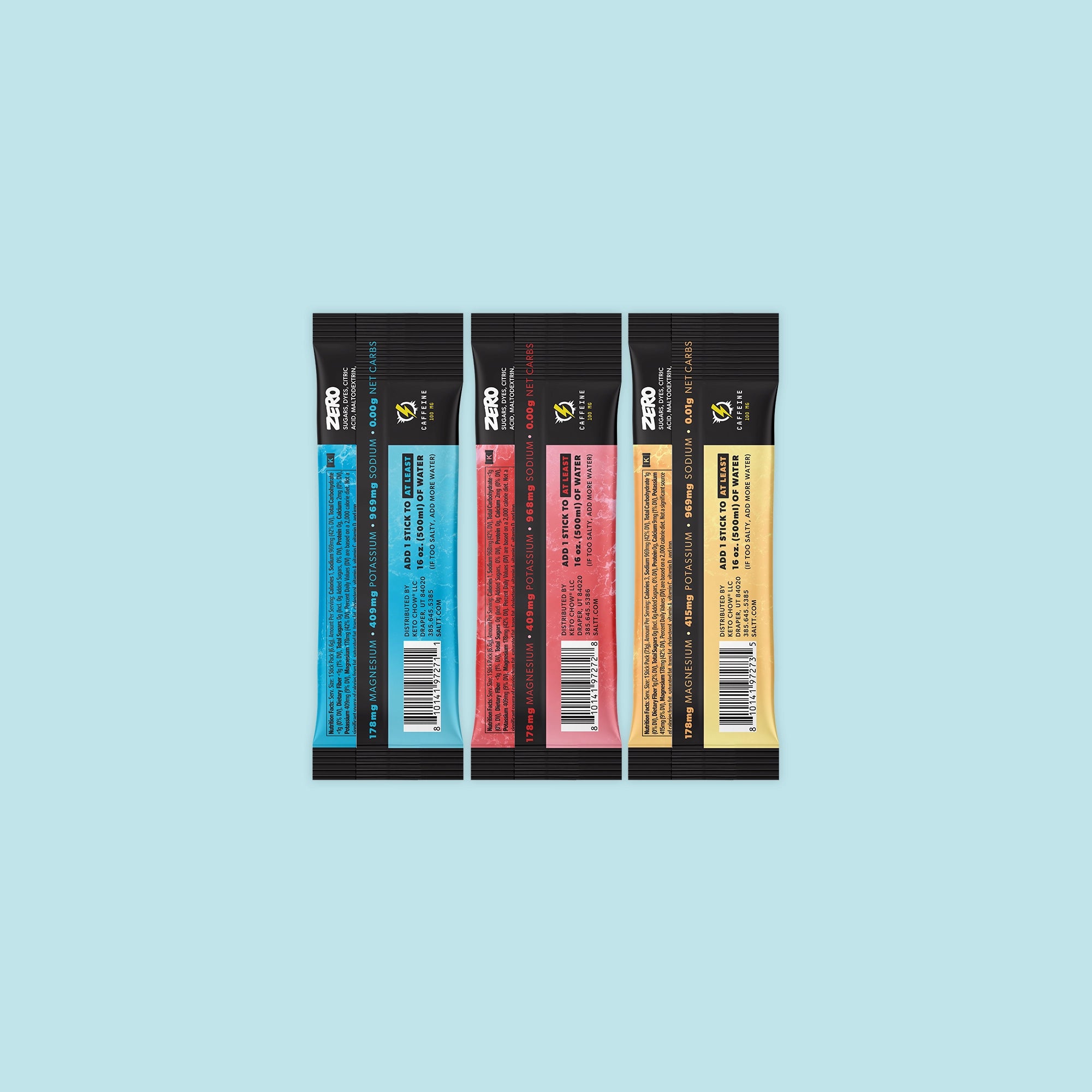 The back of three SALTT Caffeine Drink Mix packets ion a blue background.