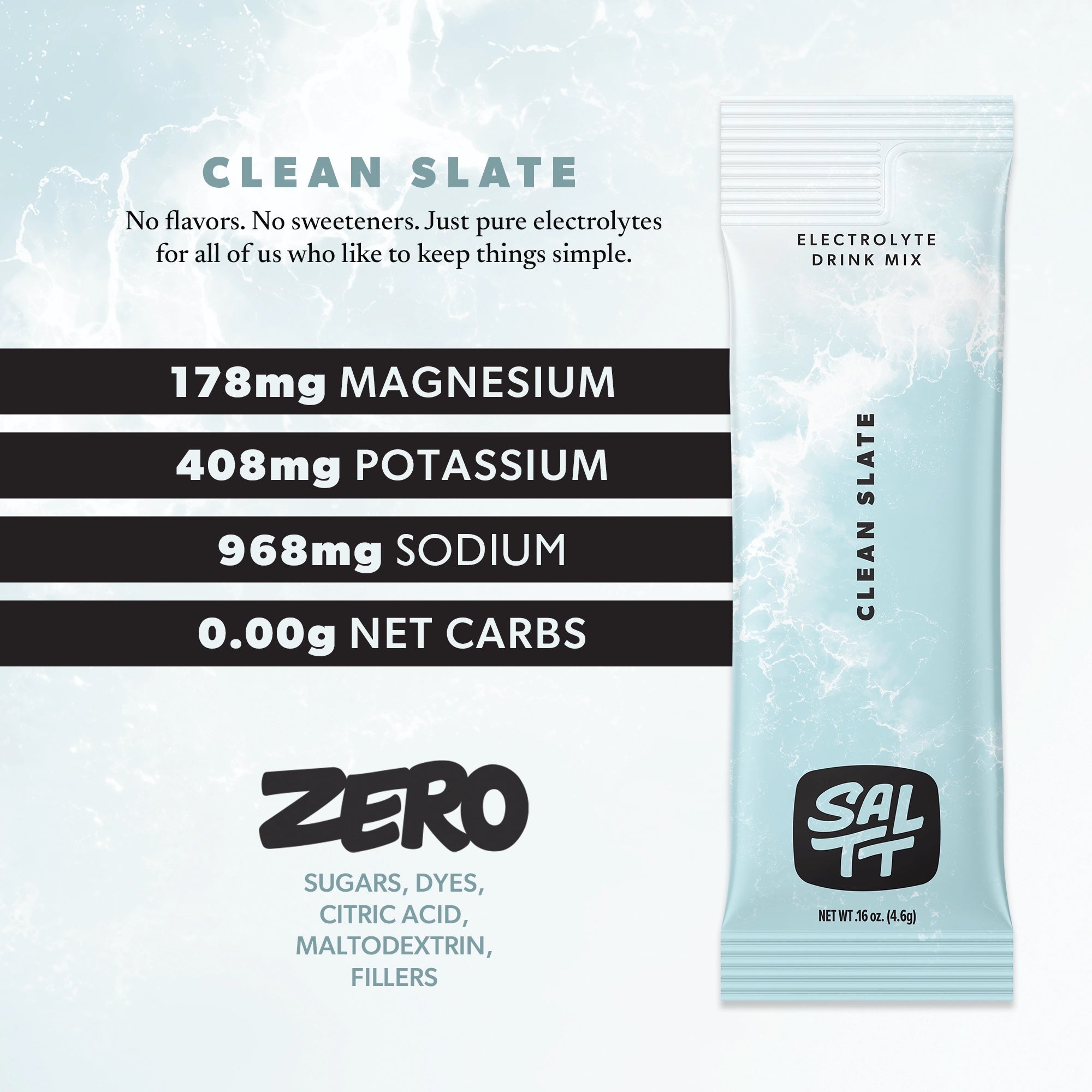 Light blue SALTT CLEAN SLATE Electrolyte Drink Mix single-serving packet with white ocean water splash design. The packet displays the black SALTT logo, CLEAN SLATE, ELECTROLYTE DRINK MIX, and NET WT .16 oz. (4.6g). Additional text in the image lists 178mg Magnesium, 408mg Potassium, 968mg Sodium, 0.00g Net Carbs, ZERO Sugars, Dyes, Citric Acid, Maltodextrin, Fillers, and the description, No flavors. No sweeteners. Just pure electrolytes for all of us who like to keep things simple.