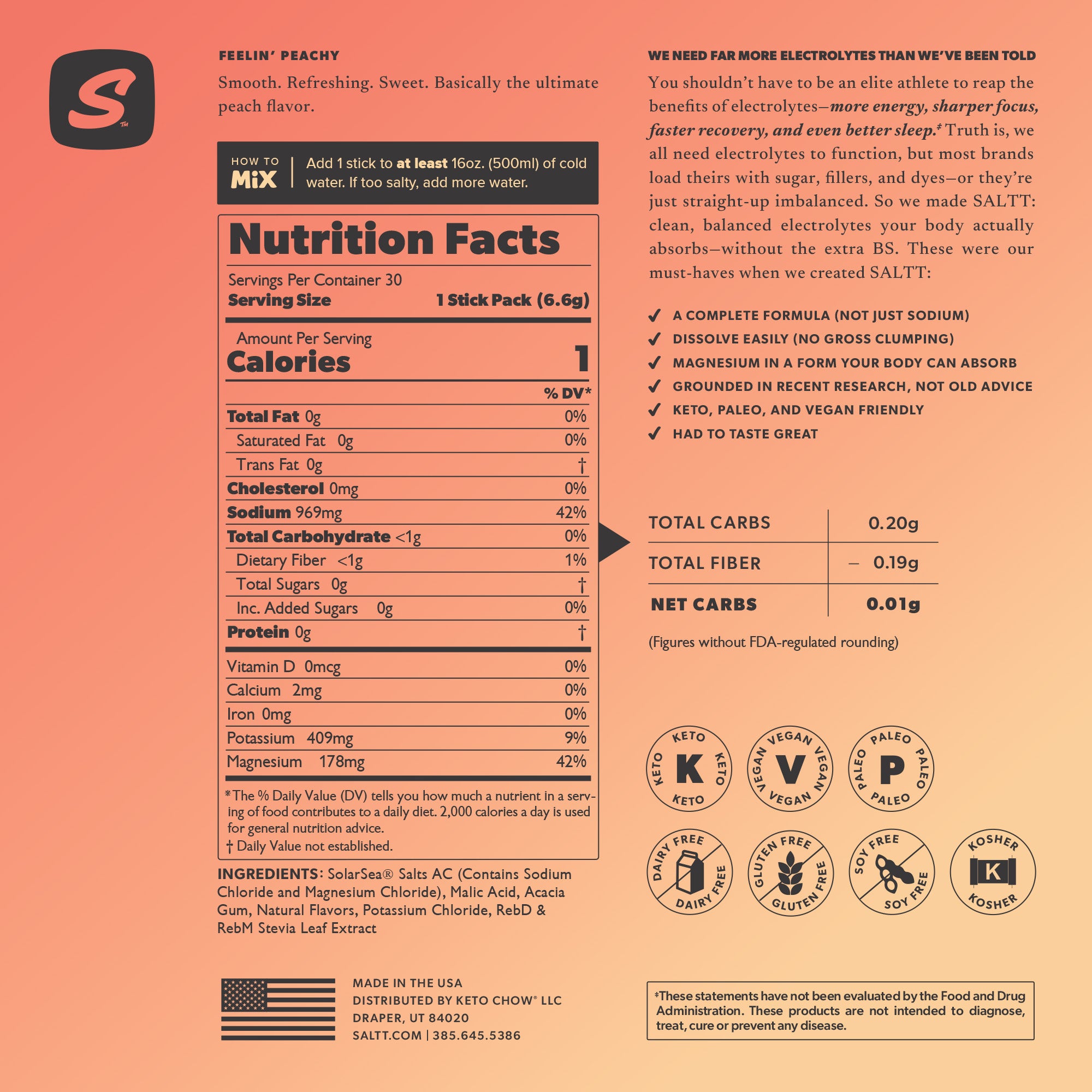 SALTT Feelin' Peachy electrolyte mix stick pack, orange background. Zero sugars/dyes. Contains sodium, potassium, magnesium.