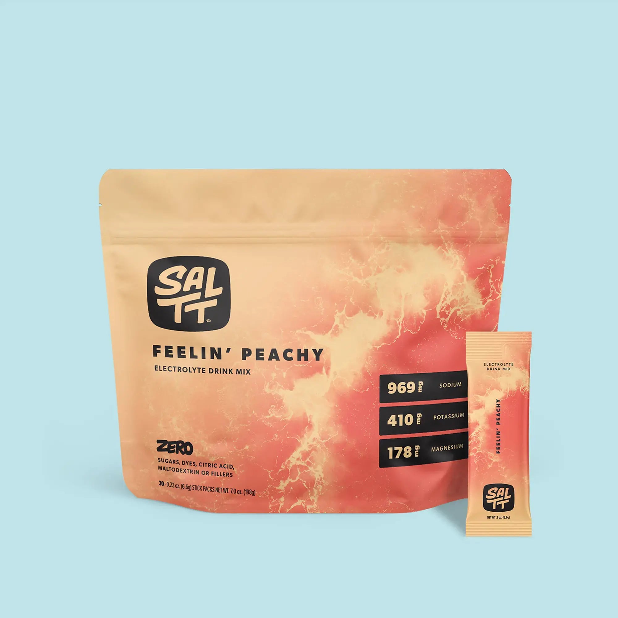 SALTT Feelin' Peachy Electrolyte Drink Mix in a tan and peach water splash pouch and stick pack. Contains ZERO Sugars, Dyes, Citric Acid, Maltodextrin or Fillers, but includes Sodium, Potassium, and Magnesium.