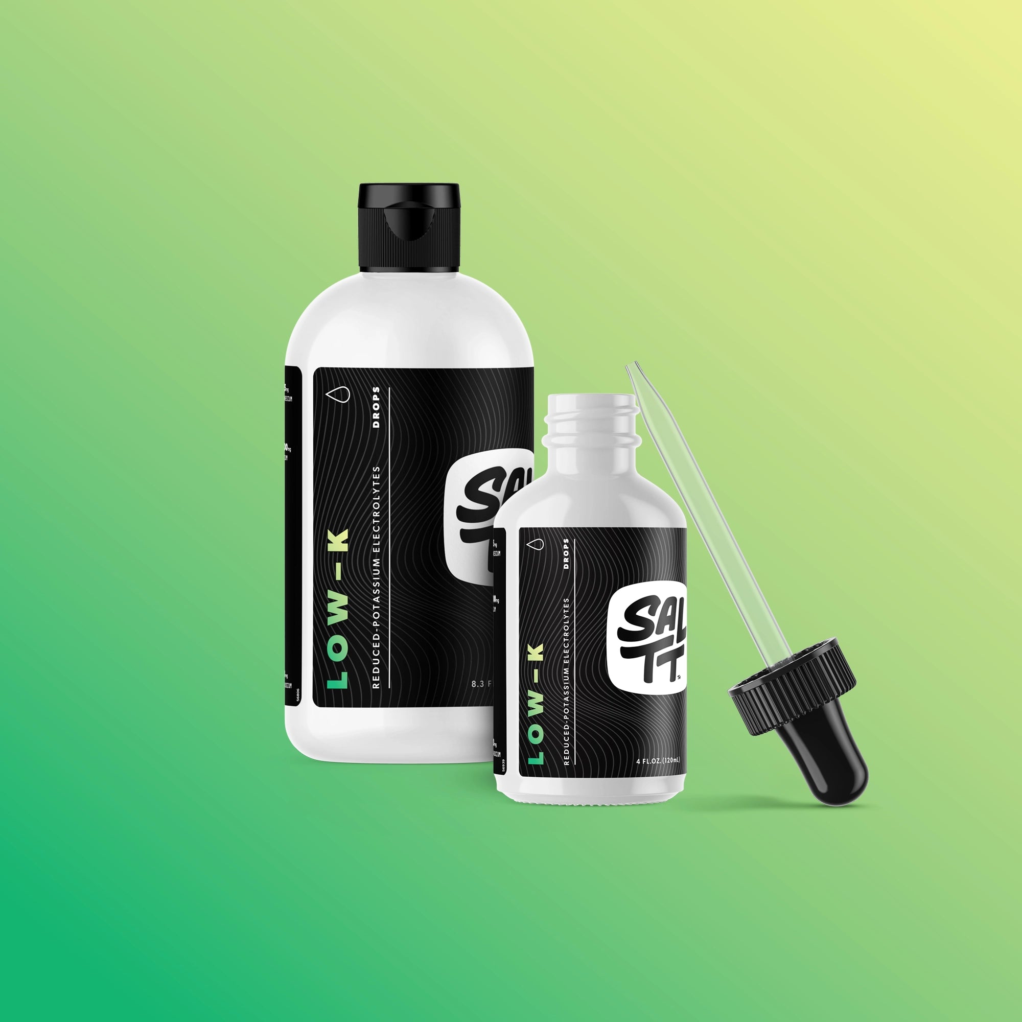 SALLT Low-K 8oz and 4oz bottles on a green gradient background.