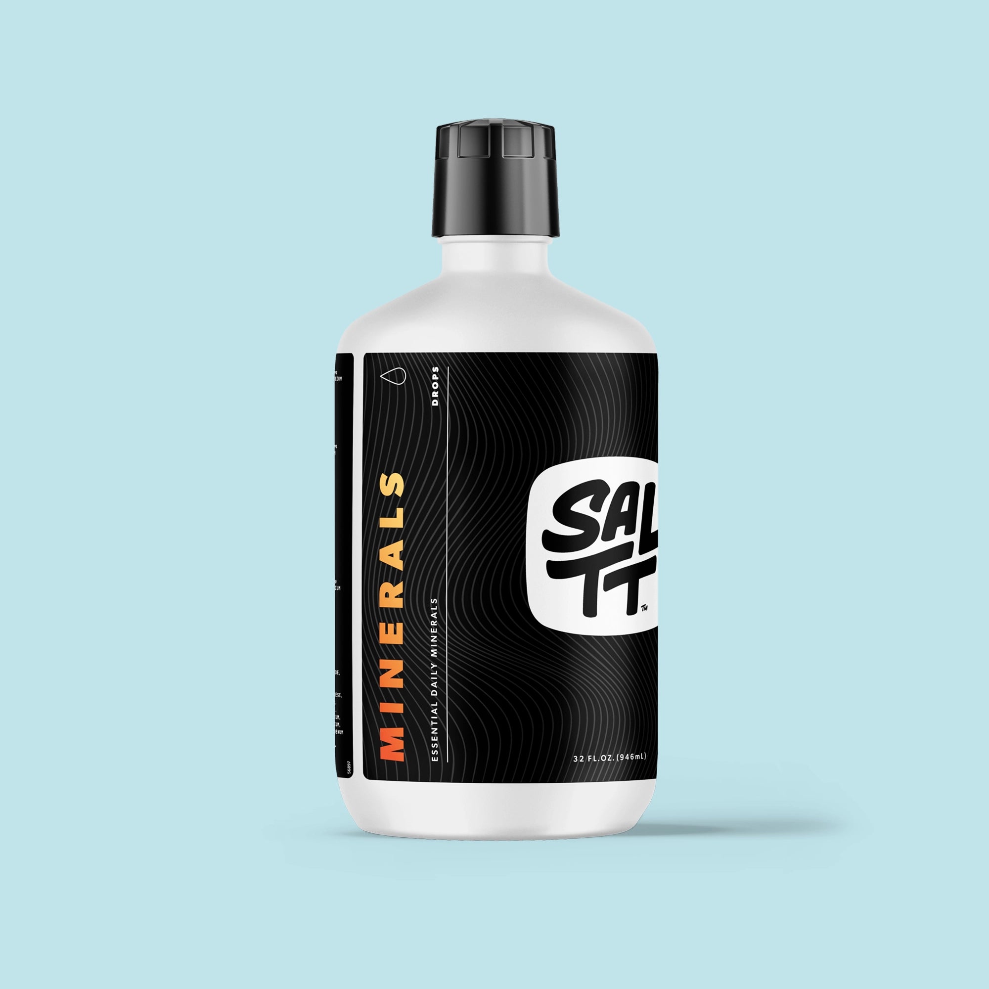 SALTT Minerals drops in a white bottle with a black cap. The black label features a white SALTT logo, orange MINERALS text, and a subtle ocean water splash pattern. Other visible text includes DROPS, ESSENTIAL DAILY MINERALS, and 32 FL. OZ. (946ML).