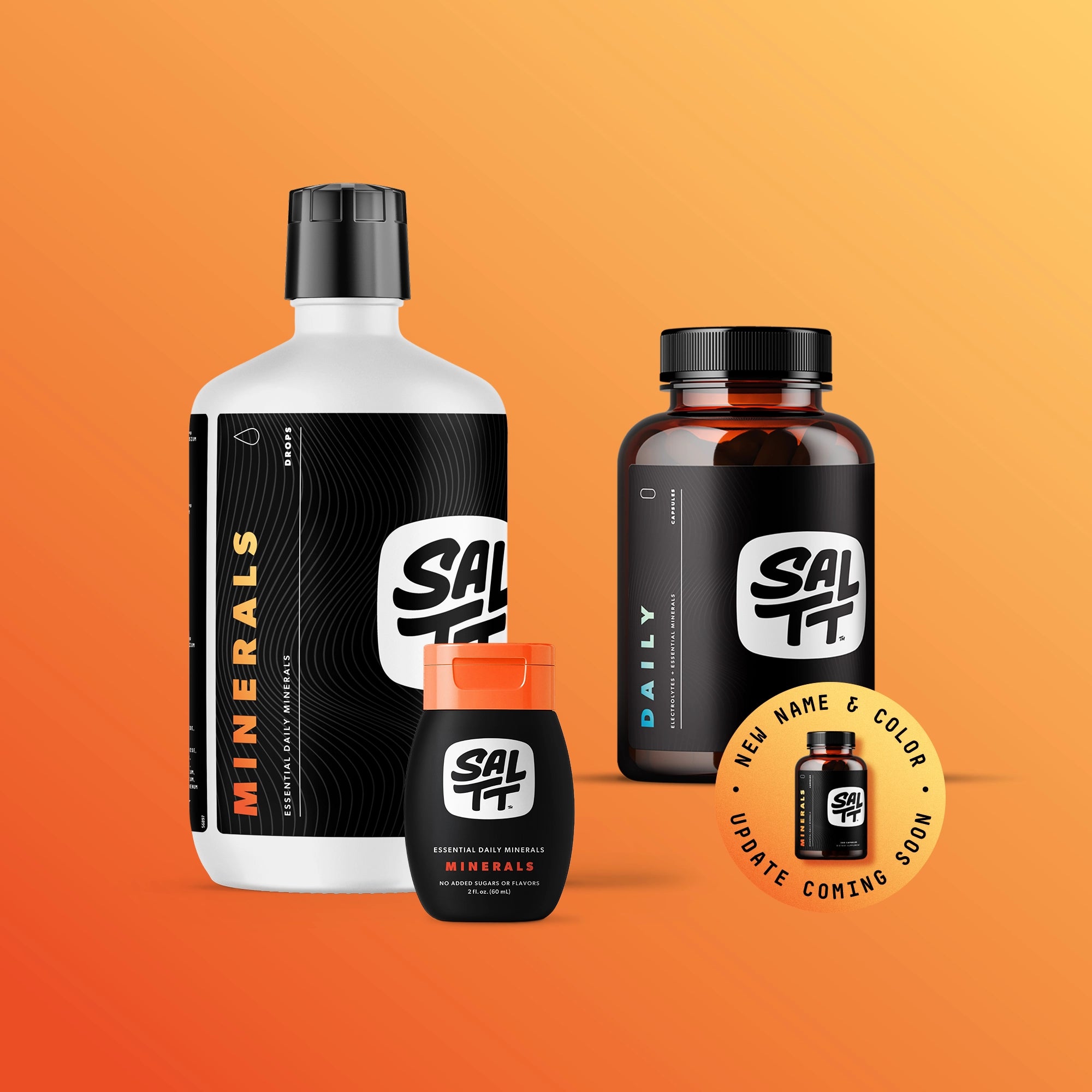 SALLT Minerals 32oz and 2oz liquid bottles and capsule bottle on an orange gradient background with capsule "new look" badge.