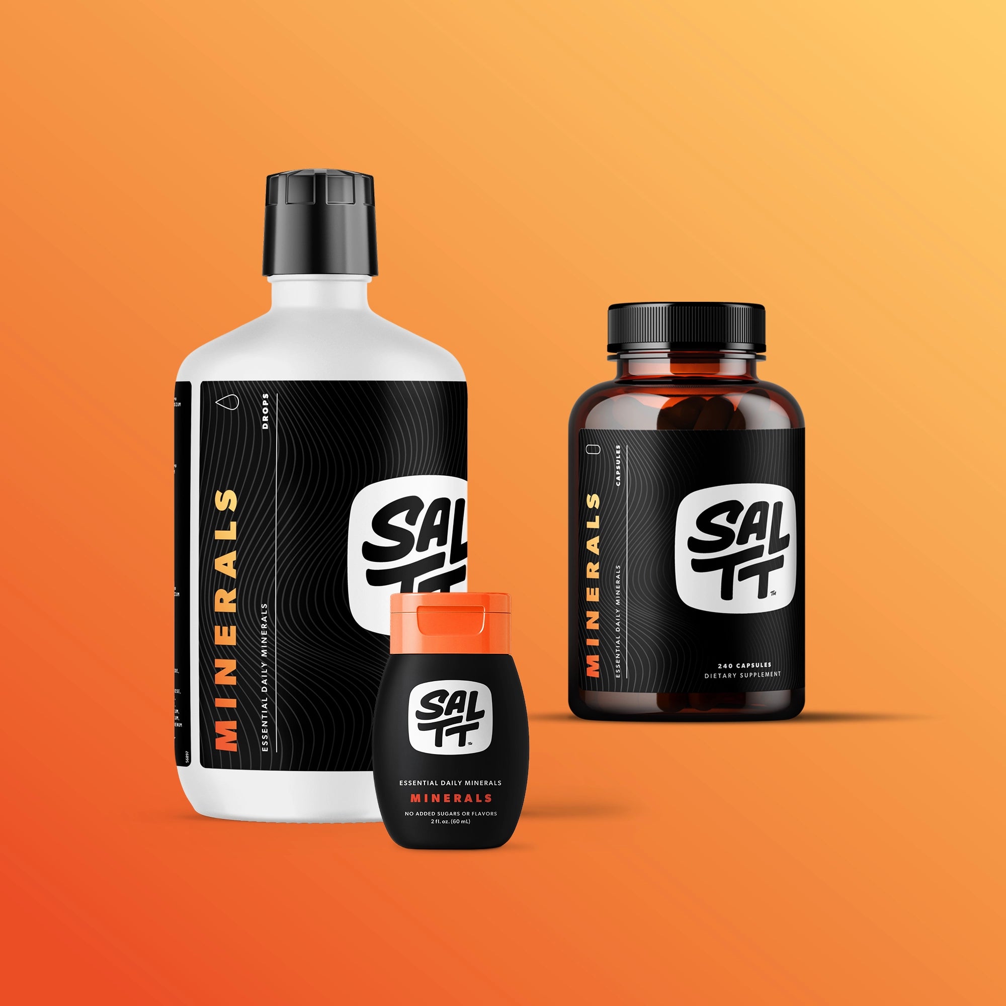 SALLT Minerals 32oz and 2oz liquid bottles and capsule bottle on an orange gradient background.