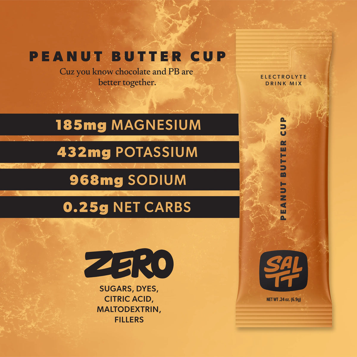 SALTT Peanut Butter Cup electrolyte drink mix stick pack featuring a golden-brown ocean splash pattern, listing electrolytes and zero sugars or fillers.