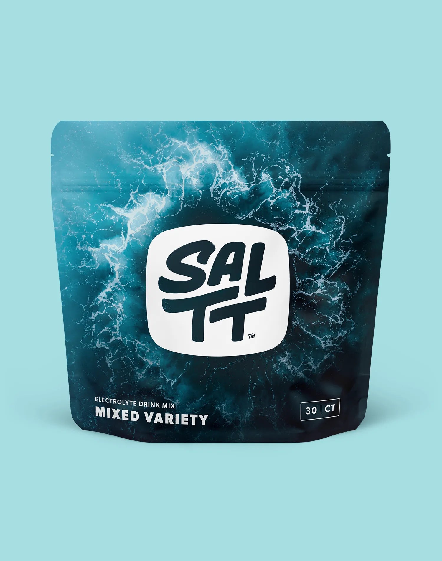 SALTT Electrolyte Drink Mix Mixed Variety stand-up pouch. The pouch is dark blue to teal with white wavy patterns. It features a white SALTT logo, white text Electrolyte Drink Mix Mixed Variety, and a black box with 30 CT.
