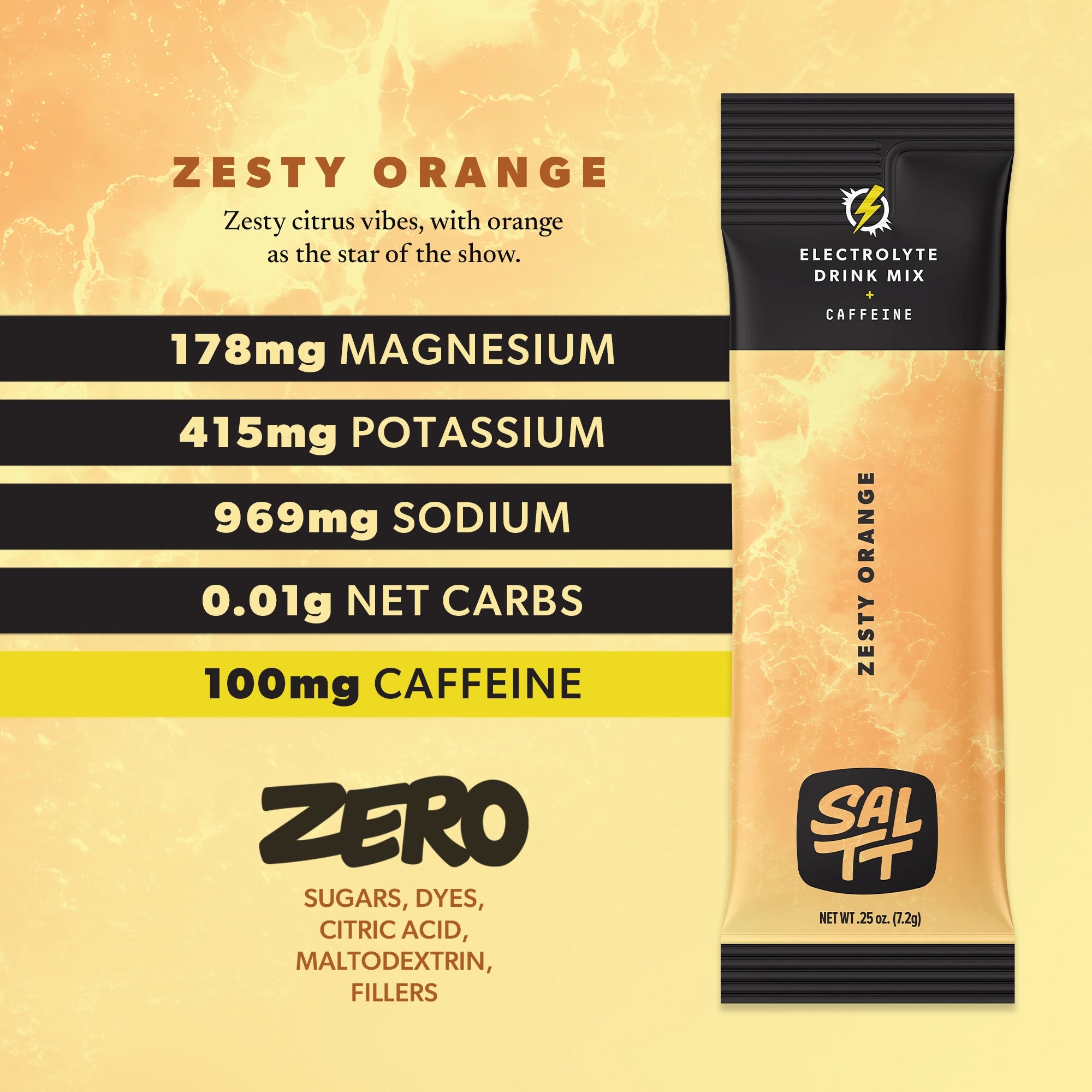 Electrolyte drink mix packet with nutritional information on a blue background. 178 mg magnesium. 415mg of potassium. 969mg sodium. 0.01g net carbs. 100mg caffeine