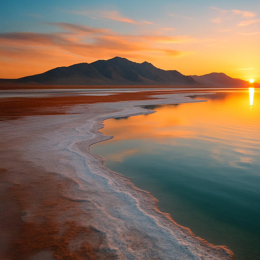Vibrant sunset scene with a salt-crusted lake shore and mountains. Orange and blue sky reflects on the water's surface.
