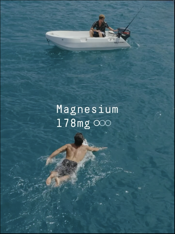 White POLYCHAFT boat with a person fishing and a person swimming in blue ocean water. Overlay text reads Magnesium 178mg with three interlocking circles.