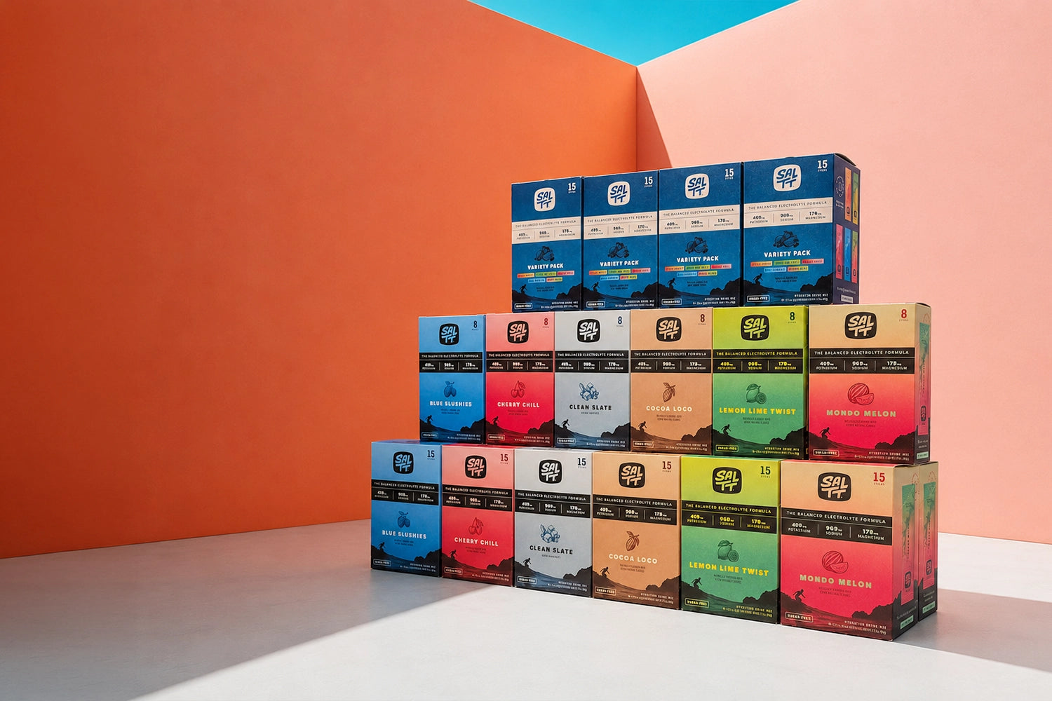Countertop display of SALTT Products against a sunlit colorful concrete background