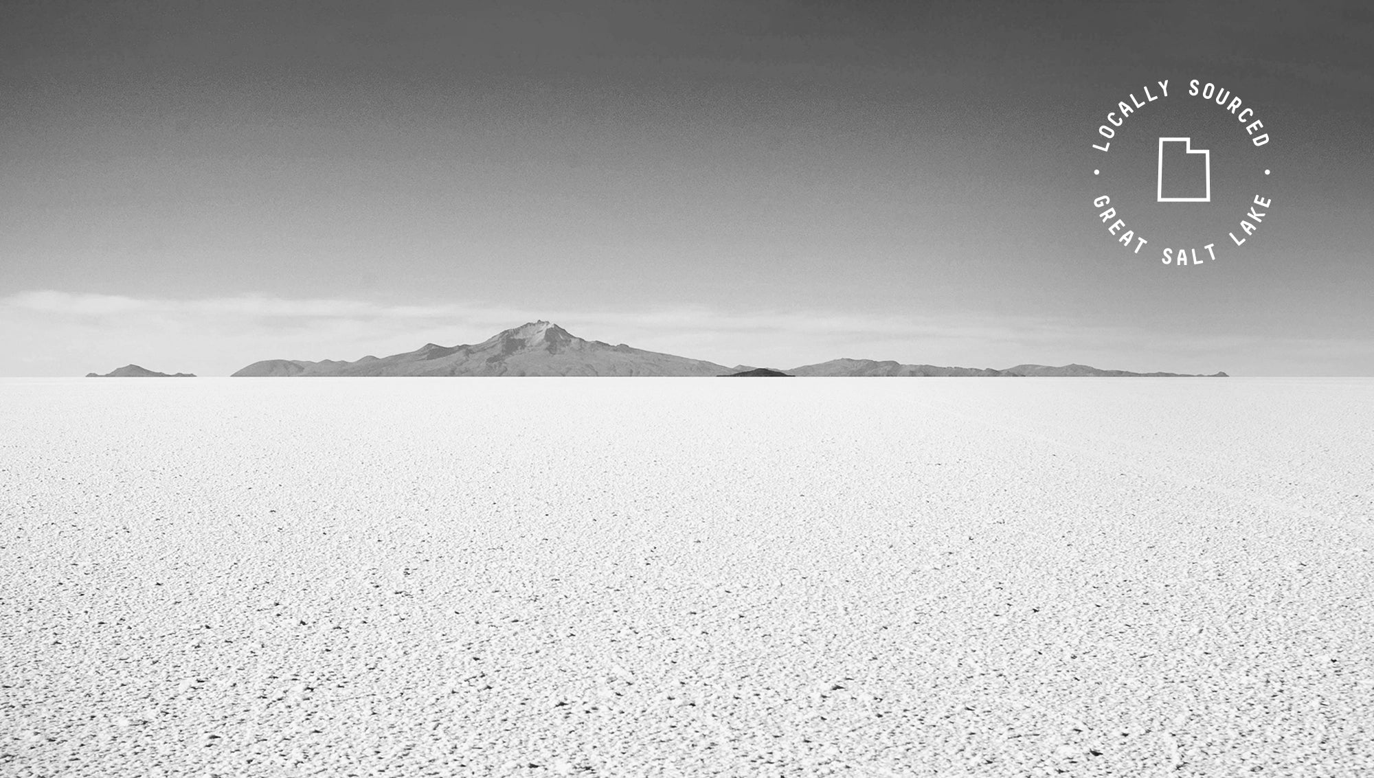 Black and white landscape of a vast, textured flat plain extending to a distant mountain range under a clear sky.