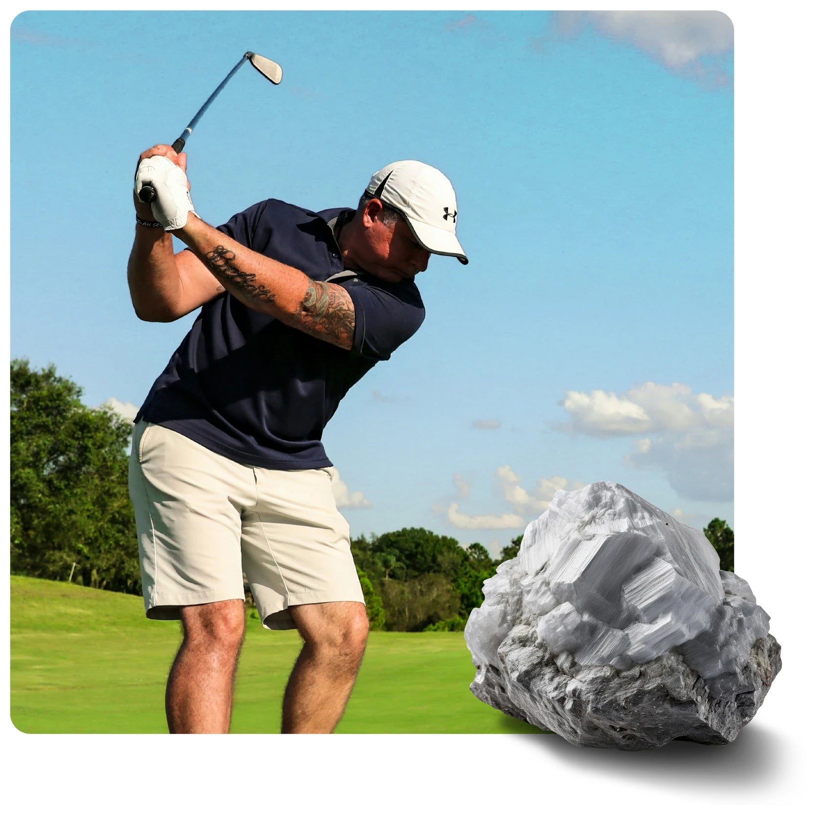A golfer swings on a green course. A large white and grey mineral formation, relevant to SALTT, is in the foreground.