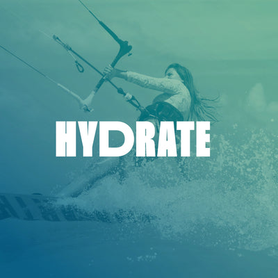 Central white text HYDRATE over a blurred teal and blue image of a person engaged in a water sport with splashes.
