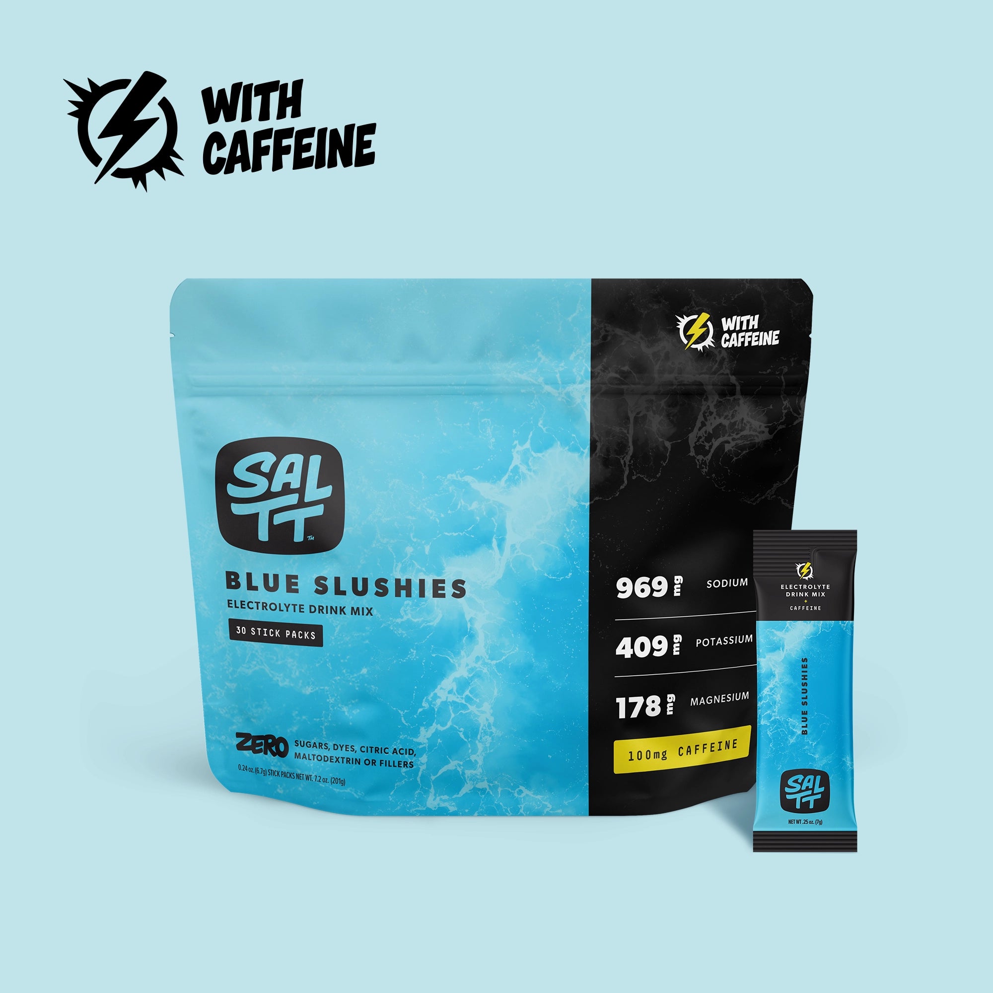 A 30 count bag and stick packet image for Caffeinated Blue Slushies Saltt Electrolyte powder