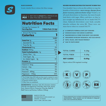 SALTT Blue Slushies electrolyte with caffeine Nutrition Facts, key benefits, and logos for Keto, Vegan, Paleo, Dairy Free, Gluten Free, Soy Free, Kosher.