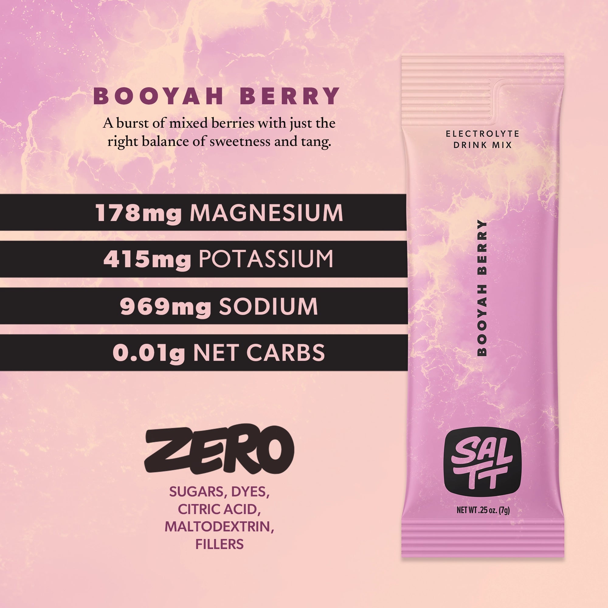 Product image of a SALTT BOOYAH BERRY Electrolyte Drink Mix. A single-serve packet in purple and pink with a white ocean water splash pattern displays the SALTT logo, BOOYAH BERRY, ELECTROLYTE DRINK MIX, and NET WT .25 oz. (7g). Accompanying text lists 178mg MAGNESIUM, 415mg POTASSIUM, 969mg SODIUM, 0.01g NET CARBS, and ZERO SUGARS, DYES, CITRIC ACID, MALTODEXTRIN, FILLERS.