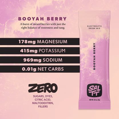Product image of a SALTT BOOYAH BERRY Electrolyte Drink Mix. A single-serve packet in purple and pink with a white ocean water splash pattern displays the SALTT logo, BOOYAH BERRY, ELECTROLYTE DRINK MIX, and NET WT .25 oz. (7g). Accompanying text lists 178mg MAGNESIUM, 415mg POTASSIUM, 969mg SODIUM, 0.01g NET CARBS, and ZERO SUGARS, DYES, CITRIC ACID, MALTODEXTRIN, FILLERS.