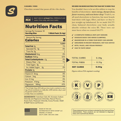 Supplement Facts: Serv. Size: 1 Stick, Amount Per Serving: Calories 2, Total Carb. 0g (0% DV), Fiber <1g (1% DV), Sugars 0g†, Calcium 3mg (0% DV), Magnesium 180mg (43% DV), Sodium 968mg (42% DV*), Potassium 416mg (9% DV), Sulfate 162mg†. *Percent Daily Values (DV) are based on a 2,000 calorie diet. †Daily values not established. .      INGREDIENTS: SolarSea® Salts AC (Contains Sodium Chloride and Magnesium Chloride), Natural Flavors, Acacia Gum, Potassium Chloride, Cocoa Powder, Stevia Leaf Extract