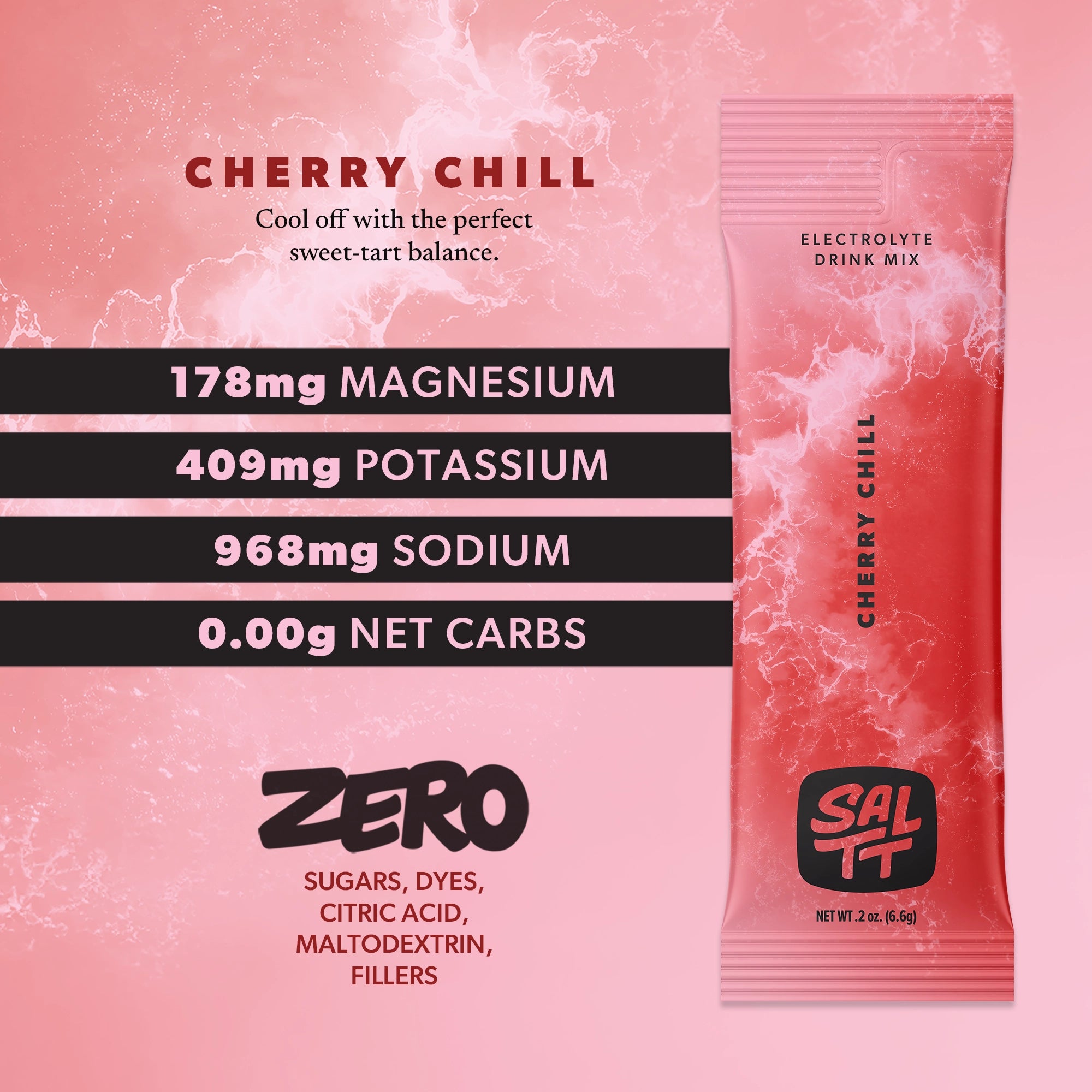 SALTT Cherry Chill electrolyte drink mix stick pack pouch. The pink and red pouch features a white ocean water splash pattern, the SALTT logo, and Cherry Chill text. Visible product information includes Electrolyte Drink Mix, Net Wt .2 oz (6.6g), 178mg Magnesium, 409mg Potassium, 968mg Sodium, 0.00g Net Carbs, and ZERO Sugars, Dyes, Citric Acid, Maltodextrin, Fillers.