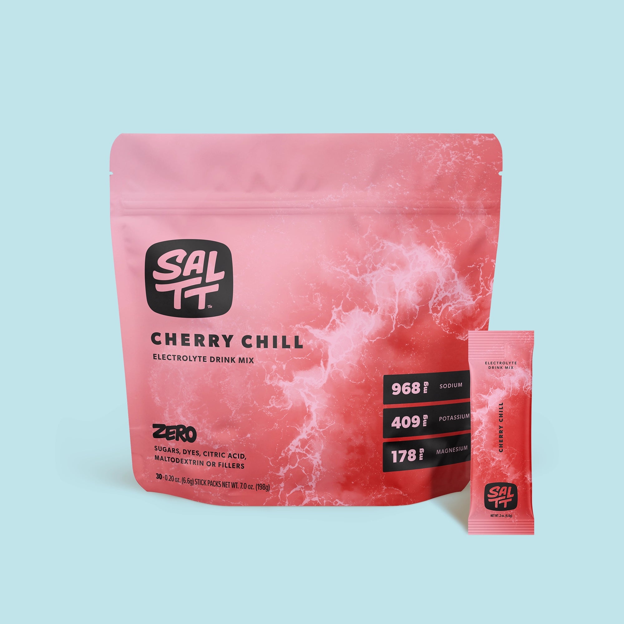 SALTT Cherry Chill Electrolyte Drink Mix in a pink and red stand-up pouch with white ocean water splash pattern. The pouch features the SALTT logo, CHERRY CHILL, ELECTROLYTE DRINK MIX, ZERO sugars, dyes, or fillers, and lists 968mg, 409mg Potassium, 178mg Magnesium. It indicates 30 stick packs, net weight 7.0 oz (198g). A single matching red 0.2 oz (6.6g) SALTT Cherry Chill stick pack stands next to the pouch.