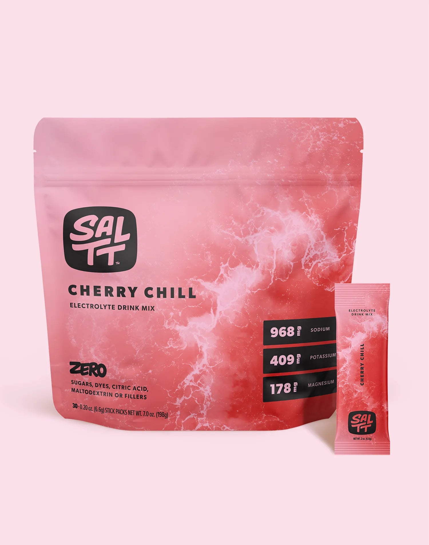 SALTT Cherry Chill Electrolyte Drink Mix in a pink and red stand-up pouch with white ocean water splash pattern. The pouch features the SALTT logo, CHERRY CHILL, ELECTROLYTE DRINK MIX, ZERO sugars, dyes, or fillers, and lists 968mg, 409mg Potassium, 178mg Magnesium. It indicates 30 stick packs, net weight 7.0 oz (198g). A single matching red 0.2 oz (6.6g) SALTT Cherry Chill stick pack stands next to the pouch.