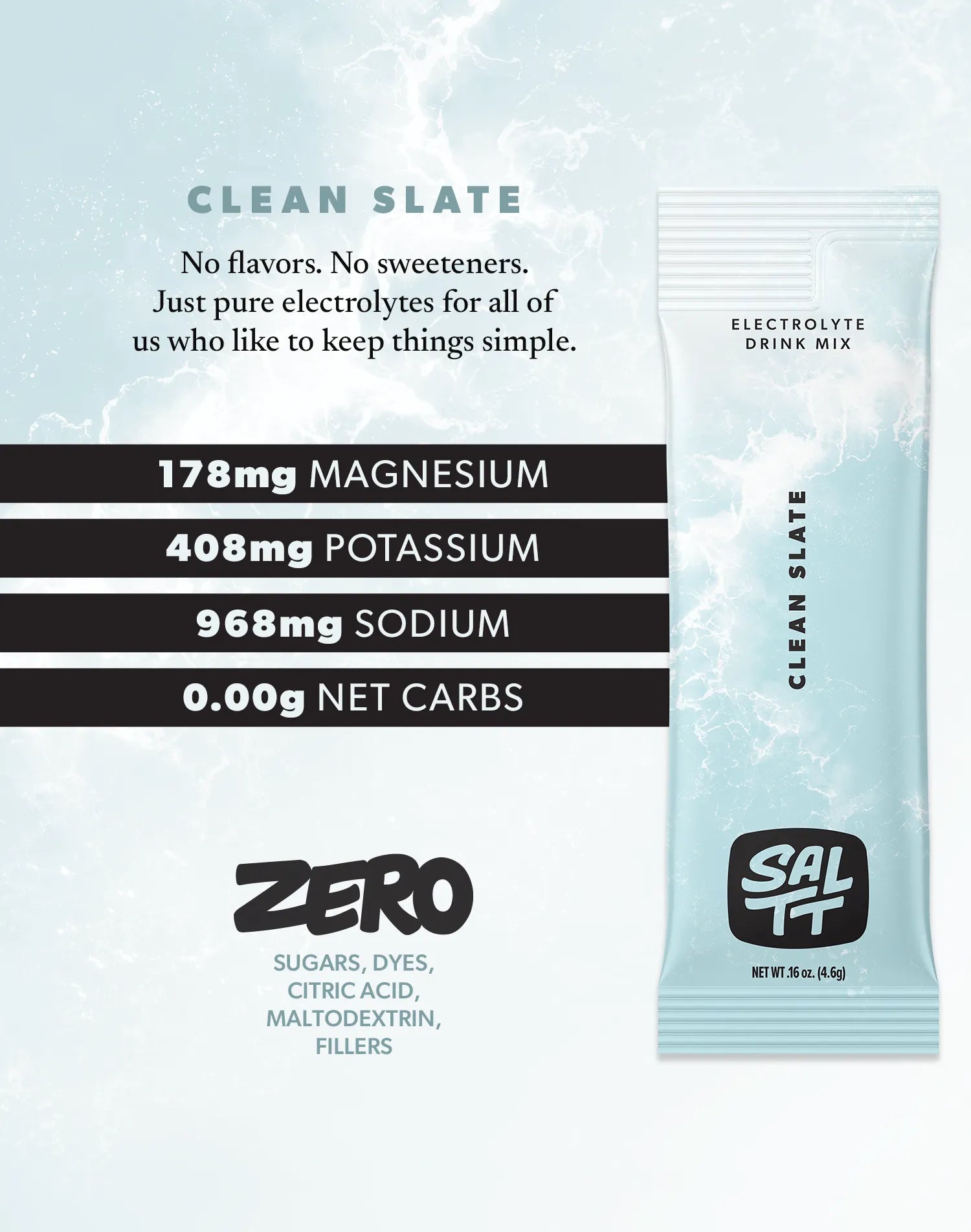 Light blue SALTT CLEAN SLATE Electrolyte Drink Mix single-serving packet with white ocean water splash design. The packet displays the black SALTT logo, CLEAN SLATE, ELECTROLYTE DRINK MIX, and NET WT .16 oz. (4.6g). Additional text in the image lists 178mg Magnesium, 408mg Potassium, 968mg Sodium, 0.00g Net Carbs, ZERO Sugars, Dyes, Citric Acid, Maltodextrin, Fillers, and the description, No flavors. No sweeteners. Just pure electrolytes for all of us who like to keep things simple.
