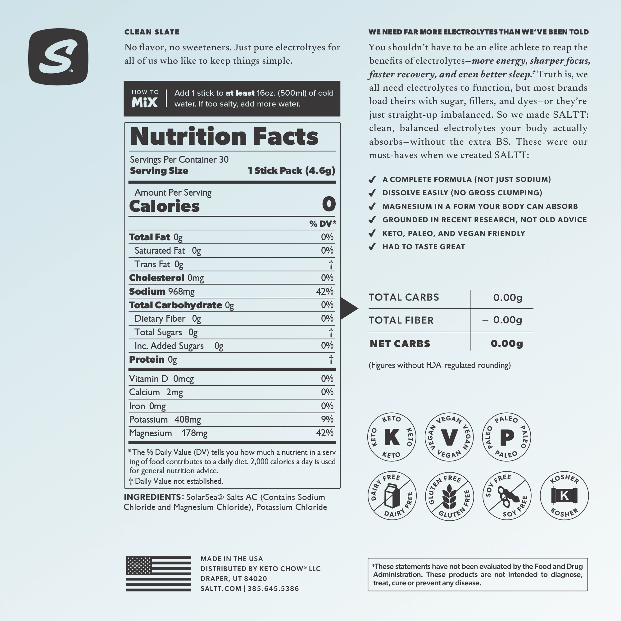 Clean Slate Supplement Facts: Serv. Size: 1 Stick, Amount Per Serving: Calories 0, Total Carb. 0g (0% DV), Sugars 0g†, Magnesium 178mg (42% DV), Sodium 968mg (42% DV*), Potassium 408mg (9% DV), Sulfate 162mg†. *Percent Daily Values (DV) are based on a 2,000 calorie diet. †Daily values not established.       INGREDIENTS: SolarSea® Salts AC (Contains Sodium Chloride and Magnesium Chloride), Potassium Chloride