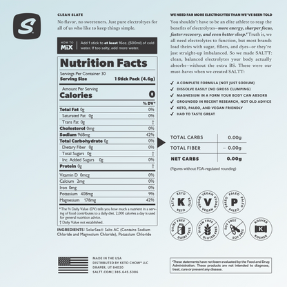 Clean Slate Supplement Facts: Serv. Size: 1 Stick, Amount Per Serving: Calories 0, Total Carb. 0g (0% DV), Sugars 0g†, Magnesium 178mg (42% DV), Sodium 968mg (42% DV*), Potassium 408mg (9% DV), Sulfate 162mg†. *Percent Daily Values (DV) are based on a 2,000 calorie diet. †Daily values not established.       INGREDIENTS: SolarSea® Salts AC (Contains Sodium Chloride and Magnesium Chloride), Potassium Chloride