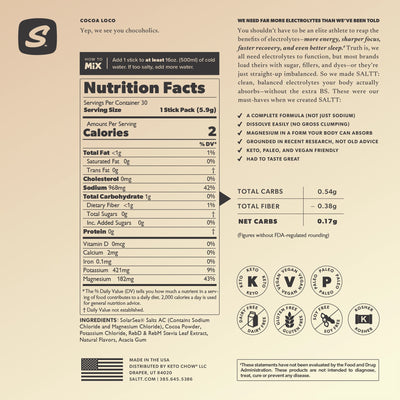Supplement Facts: Serv. Size: 1 Stick, Amount Per Serving: Calories 2, Total Carb. <1g (0% DV), Fiber <1g (1% DV), Sugars 0g†, Calcium 2mg (0% DV), Magnesium 182mg (43% DV), Sodium 968mg (42% DV*), Potassium 421mg (9% DV), Sulfate 162mg†. *Percent Daily Values (DV) are based on a 2,000 calorie diet. †Daily values not established.      INGREDIENTS: SolarSea® Salts AC (Contains Sodium Chloride and Magnesium Chloride), Cocoa Powder, Potassium Chloride, Stevia Leaf Extract, Natural Flavors, Acacia Gum