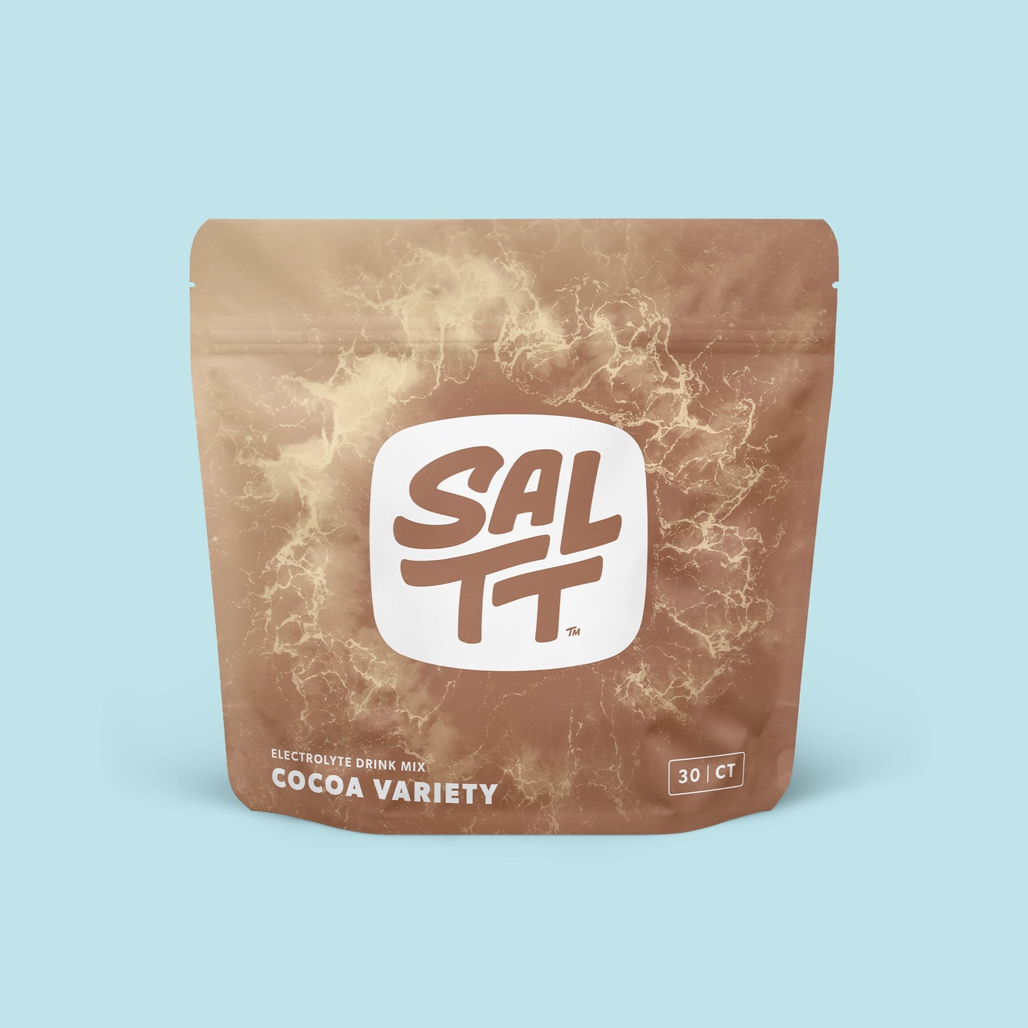Brown stand-up pouch for SALTT Electrolyte Drink Mix, Cocoa Variety. The pouch features a lighter brown ocean water splash pattern. Centered on the pouch is a white logo with SALTT and a TM symbol in dark brown. Below the logo, light brown text states Electrolyte Drink Mix and Cocoa Variety. A 30 | CT label is on the lower right.