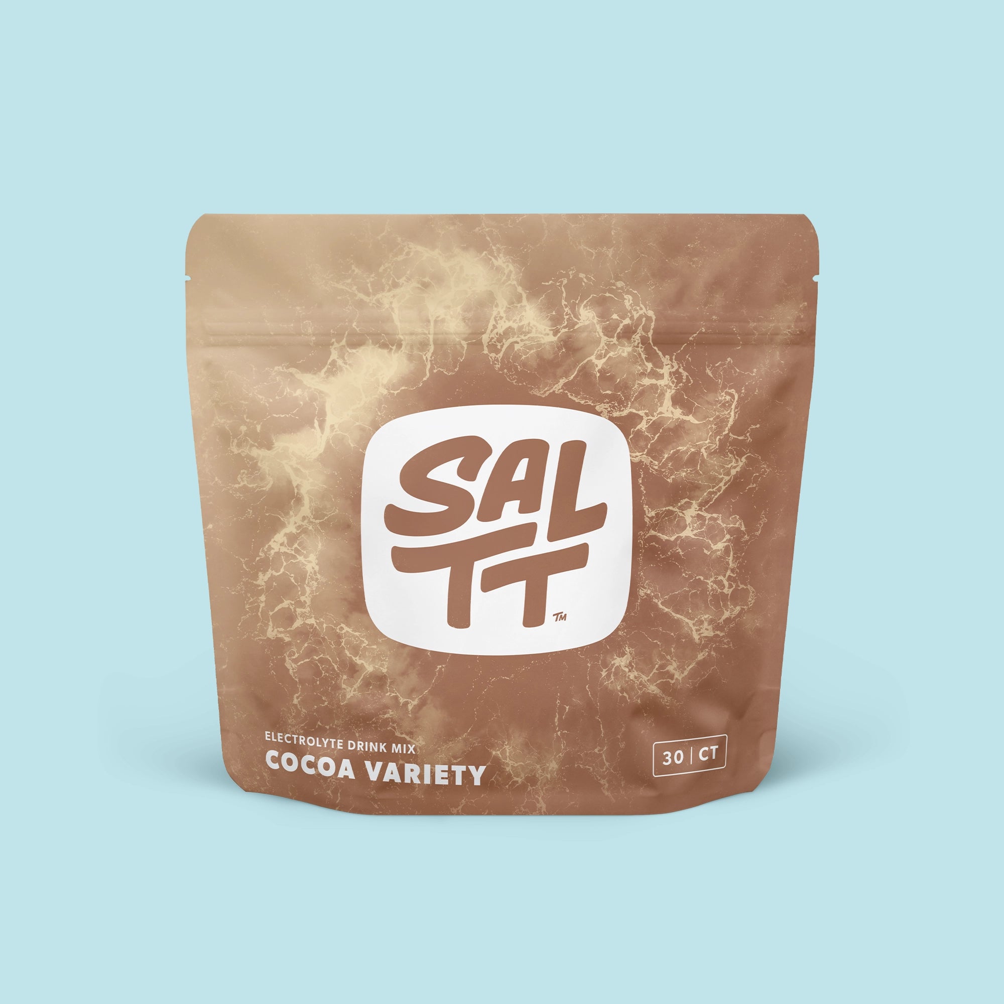 Brown stand-up pouch for SALTT Electrolyte Drink Mix, Cocoa Variety. The pouch features a lighter brown ocean water splash pattern. Centered on the pouch is a white logo with SALTT and a TM symbol in dark brown. Below the logo, light brown text states Electrolyte Drink Mix and Cocoa Variety. A 30 | CT label is on the lower right.