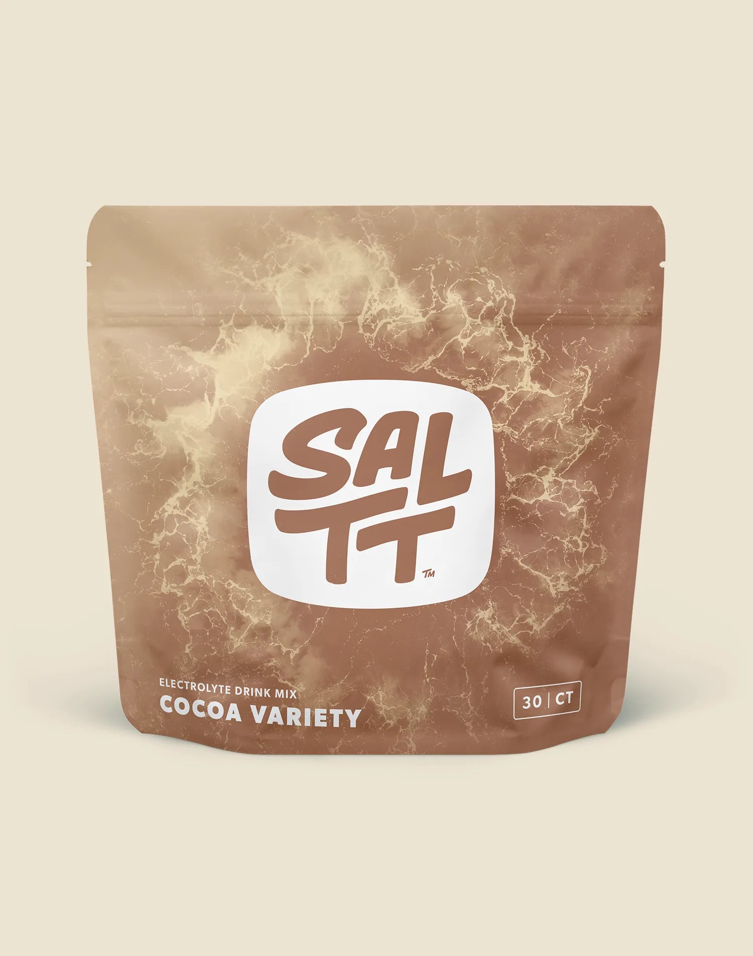 Brown stand-up pouch for SALTT Electrolyte Drink Mix, Cocoa Variety. The pouch features a lighter brown ocean water splash pattern. Centered on the pouch is a white logo with SALTT and a TM symbol in dark brown. Below the logo, light brown text states Electrolyte Drink Mix and Cocoa Variety. A 30 | CT label is on the lower right.