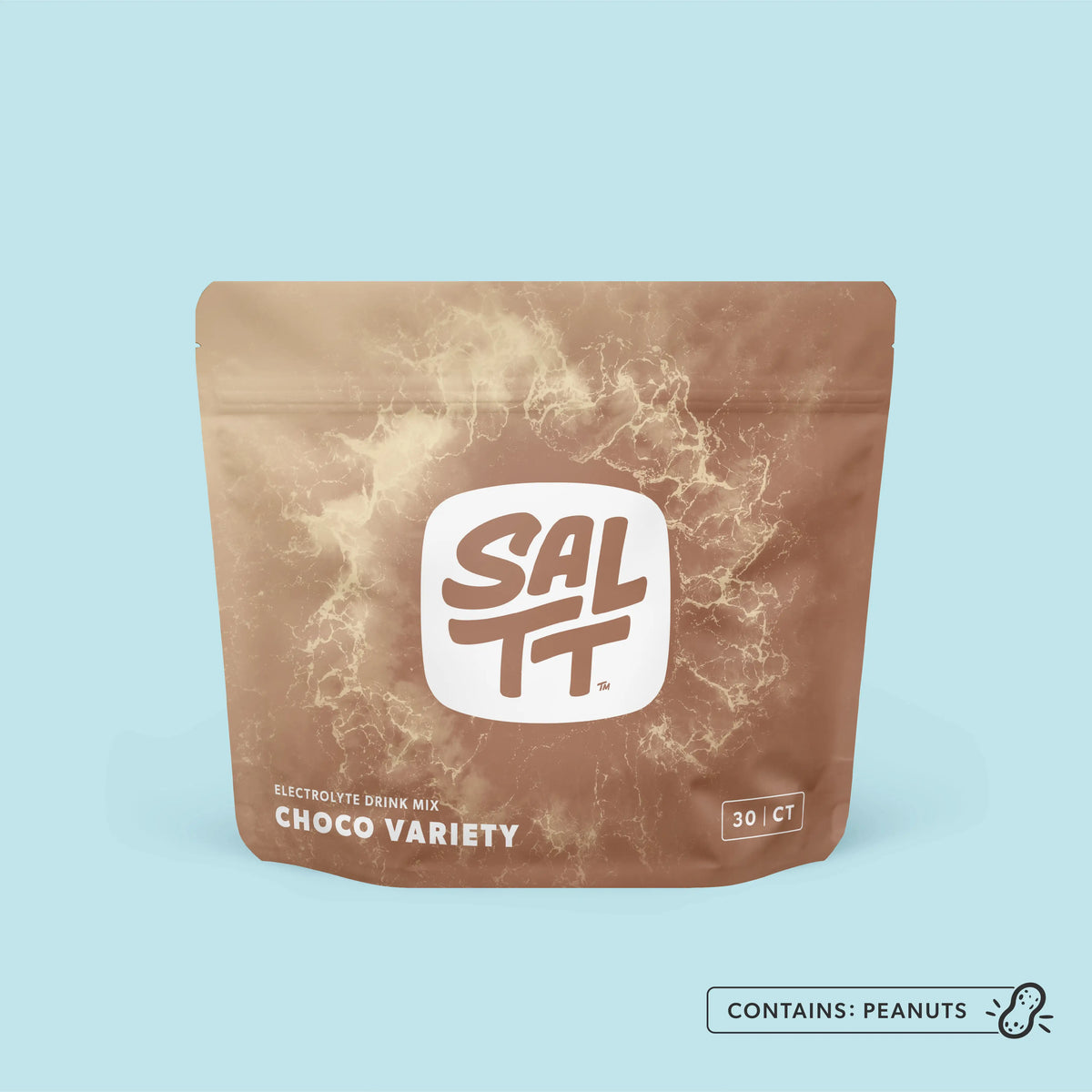 Brown stand-up pouch for SALTT Electrolyte Drink Mix, Cocoa Variety. The pouch features a lighter brown ocean water splash pattern. Centered on the pouch is a white logo with SALTT and a TM symbol in dark brown. Below the logo, light brown text states Electrolyte Drink Mix and Cocoa Variety. A 30 | CT label is on the lower right.