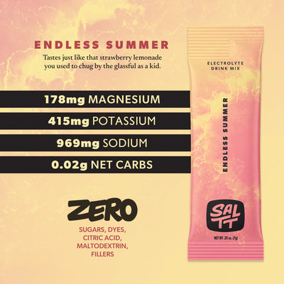 SALTT Endless Summer Electrolyte Drink Mix in a pink and yellow-orange sachet with an ocean water splash pattern. Visible text on the sachet includes SALTT logo, Endless Summer, Electrolyte Drink Mix, and NET WT .25 oz. (7g).