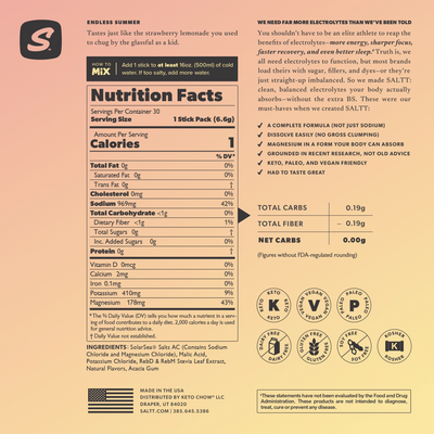Endless Summer Supplement Facts: Serv. Size: 1 Stick, Amount Per Serving: Calories 3, Total Carb. <1g (0% DV), Fiber 1g (2% DV), Sugars 0g†, Calcium 9mg (1% DV), Magnesium 178mg (42% DV), Sodium 969mg (42% DV*), Potassium 415mg (9% DV), Sulfate 162mg†. *Percent Daily Values (DV) are based on a 2,000 calorie diet. †Daily values not established.    INGREDIENTS: SolarSea® Salts AC (Contains Sodium Chloride and Magnesium Chloride), Malic Acid, Acacia Gum, Natural Flavors, Potassium Chloride, Stevia Leaf Extract