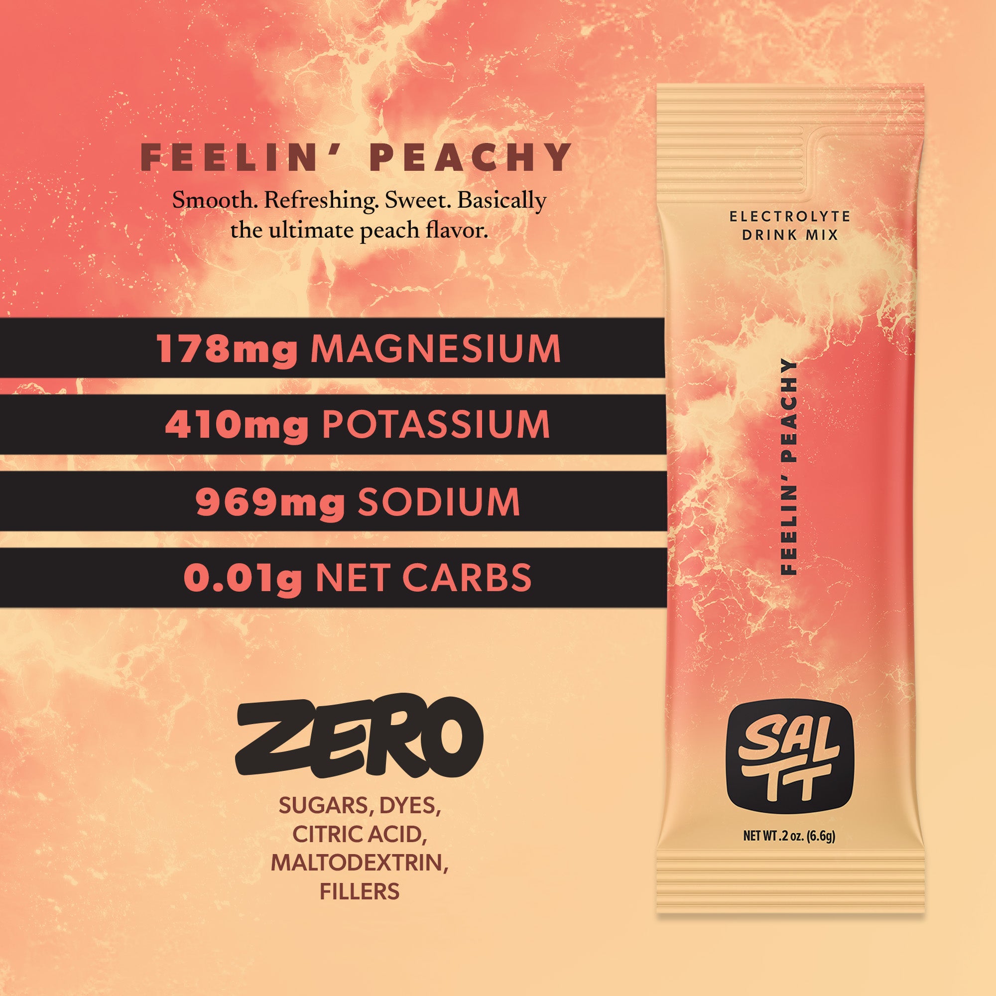 SALTT Feelin Peachy Electrolyte Drink Mix stick pack. Coral-peach with an ocean splash pattern. Contains electrolytes; zero sugars, dyes, citric acid, maltodextrin, fillers.