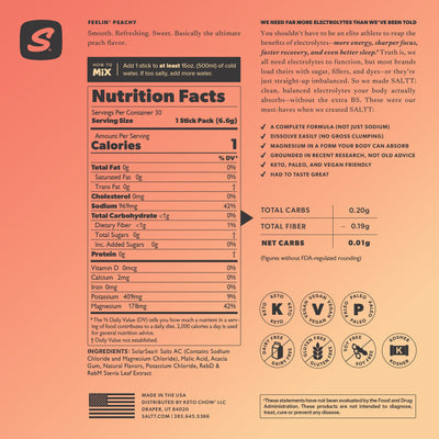 SALTT Feelin' Peachy electrolyte mix stick pack, orange background. Zero sugars/dyes. Contains sodium, potassium, magnesium.