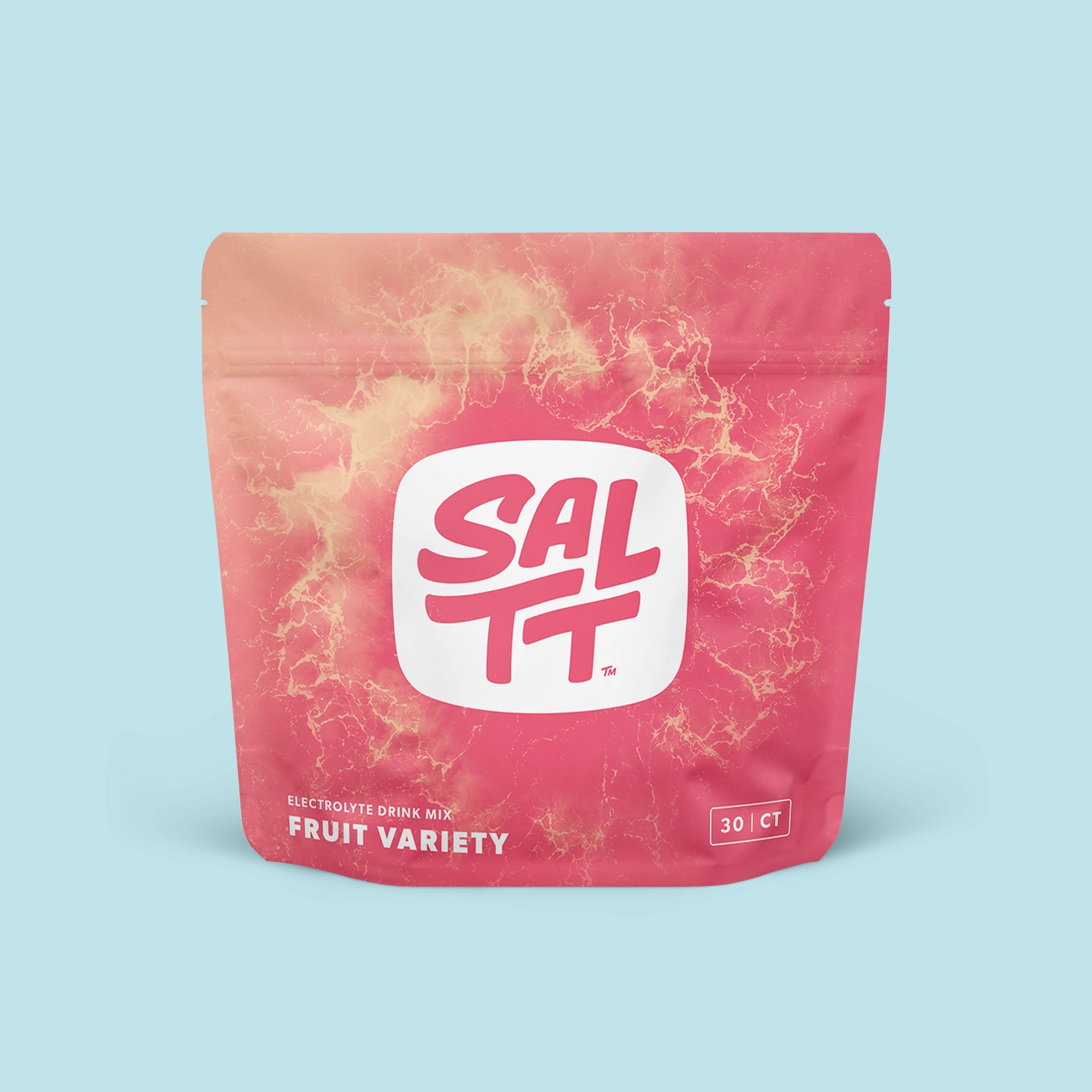 A fuchsia stand-up pouch for SALTT Electrolyte Drink Mix, Fruit Variety, 30 CT. The pouch features a light yellow ocean water splash pattern and a central white logo with SALTT in fuchsia text and a TM symbol.