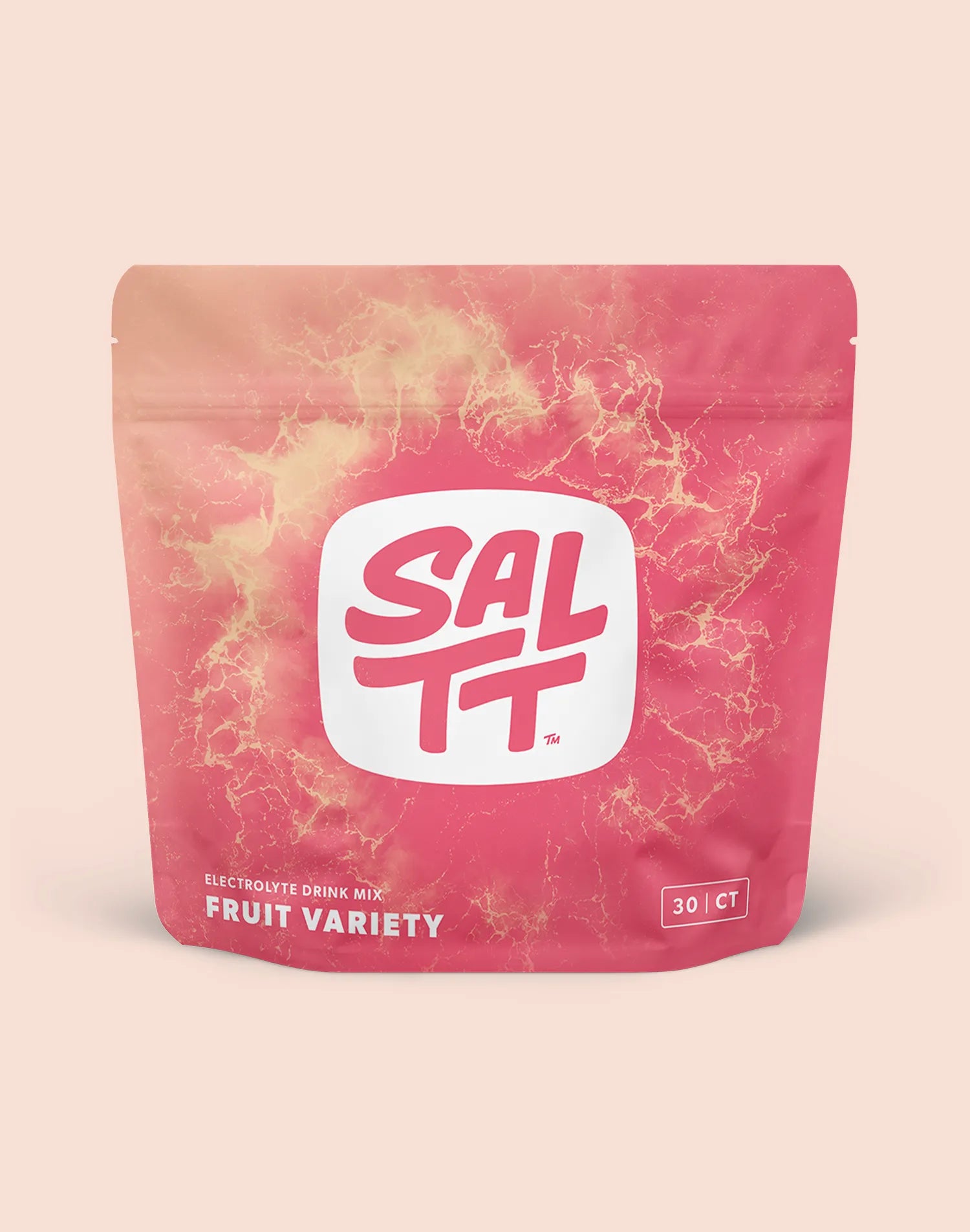 A fuchsia stand-up pouch for SALTT Electrolyte Drink Mix, Fruit Variety, 30 CT. The pouch features a light yellow ocean water splash pattern and a central white logo with SALTT in fuchsia text and a TM symbol.