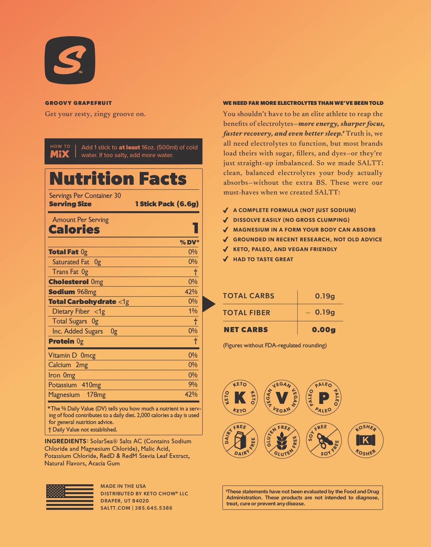 SALTT Groovy Grapefruit product information graphic on an orange-yellow gradient background. Features a black and orange stylized S logo. Displays Supplement Facts for a 6.6g stick, including ingredients and how-to-mix instructions. Contains circular certification badges for Keto, Vegan, Paleo, Gluten Free, Dairy Free, and Soy Free, alongside SALTT.COM branding.
