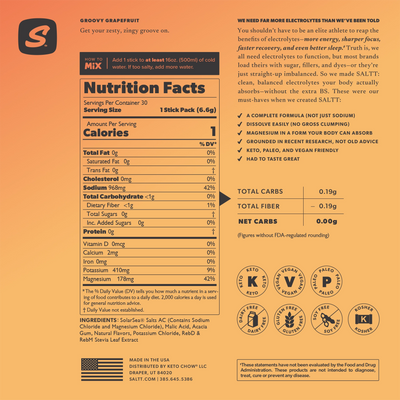 SALTT Groovy Grapefruit product information graphic on an orange-yellow gradient background. Features a black and orange stylized S logo. Displays Supplement Facts for a 6.6g stick, including ingredients and how-to-mix instructions. Contains circular certification badges for Keto, Vegan, Paleo, Gluten Free, Dairy Free, and Soy Free, alongside SALTT.COM branding.