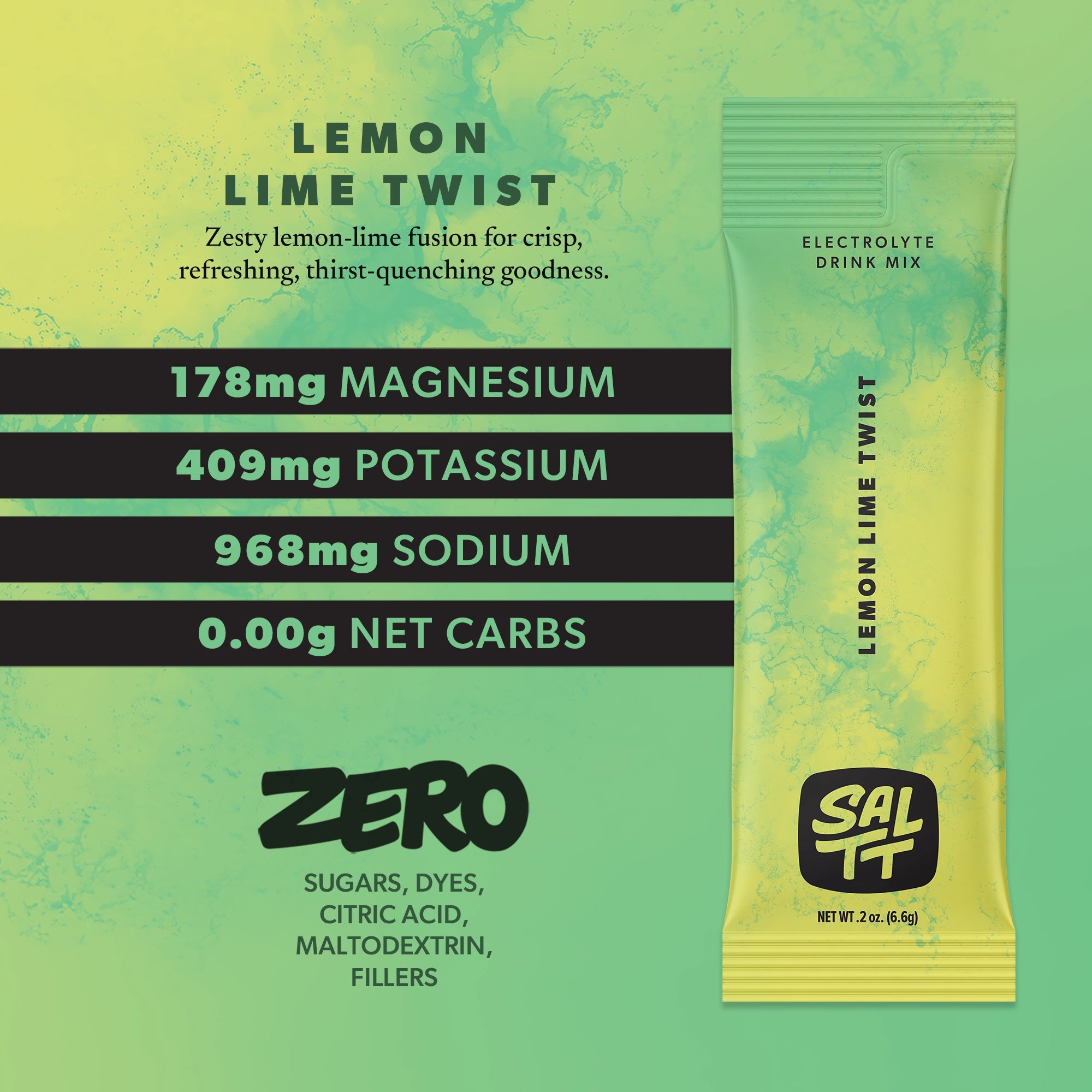 SALTT Lemon Lime Twist Electrolyte Drink Mix sachet with a green to yellow gradient and blue-green ocean water splash pattern. The sachet displays the black SALTT logo, Lemon Lime Twist, Electrolyte Drink Mix, and Net Wt .2 oz. (6.6g). Background text lists 178mg Magnesium, 409mg Potassium, 968mg Sodium, 0.00g Net Carbs, and indicates ZERO Sugars, Dyes, Citric Acid, Maltodextrin, Fillers.