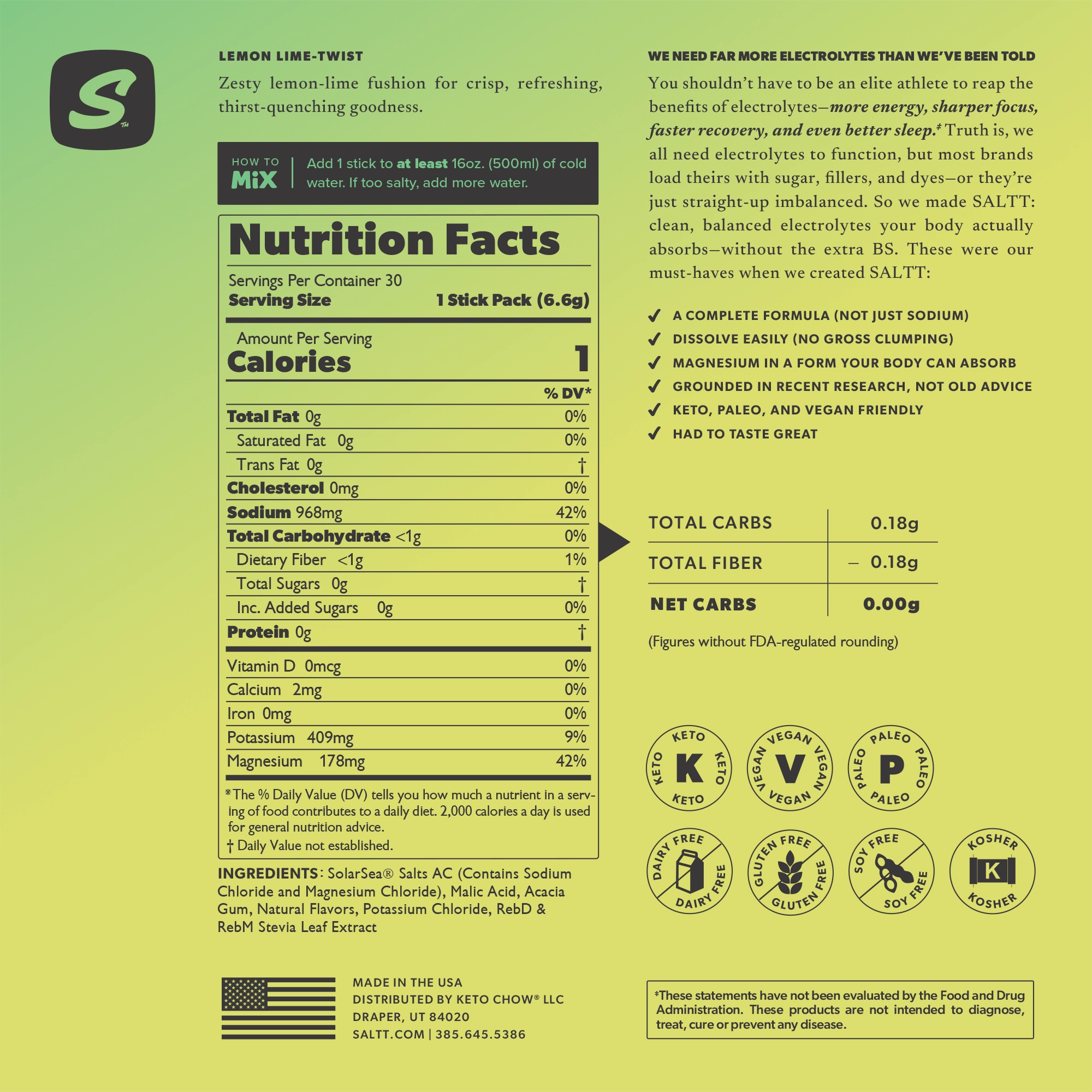 SALTT Lemon Lime Twist electrolyte supplement information display on a green to lime-yellow gradient background. Features the dark stylized S logo for SALTT, product name Lemon Lime Twist, a detailed Supplement Facts panel, and circular logos for Keto, Vegan, Paleo, Gluten Free, Dairy Free, and Soy Free certifications.