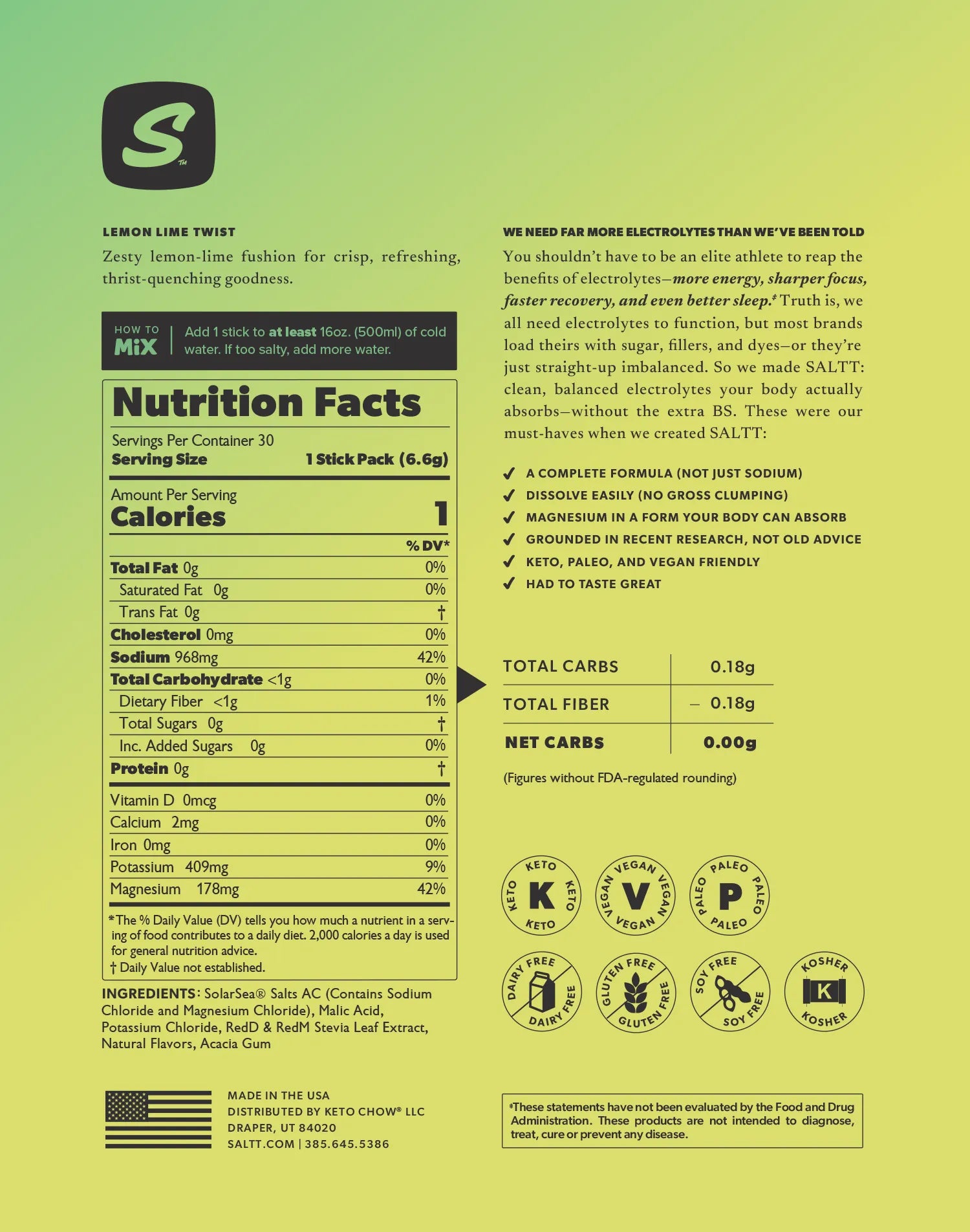 SALTT Lemon Lime Twist electrolyte supplement information display on a green to lime-yellow gradient background. Features the dark stylized S logo for SALTT, product name Lemon Lime Twist, a detailed Supplement Facts panel, and circular logos for Keto, Vegan, Paleo, Gluten Free, Dairy Free, and Soy Free certifications.